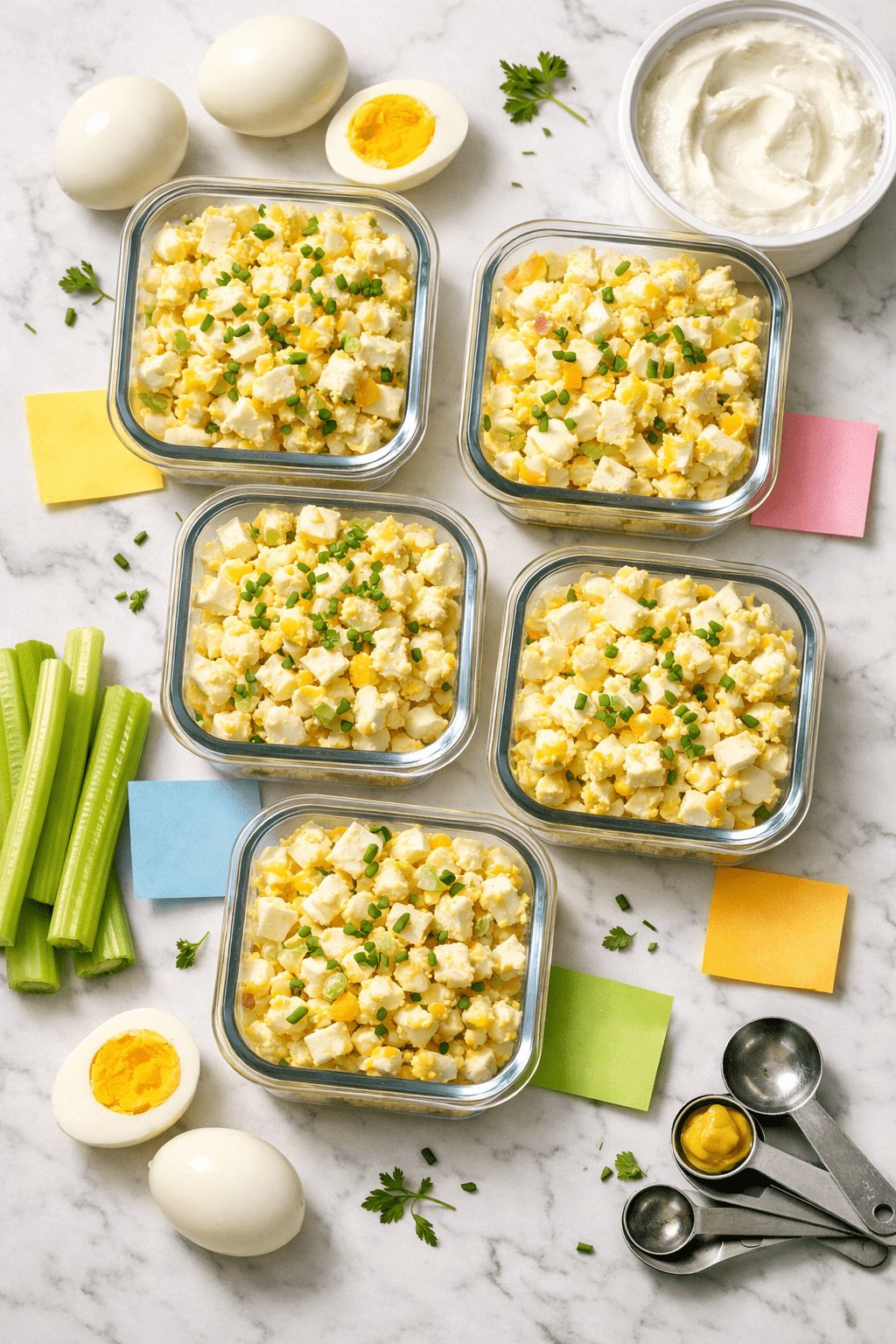Close-up overhead flat-lay portrait/Pinterest format () of a meal prep scene showing five glass containers filled with high