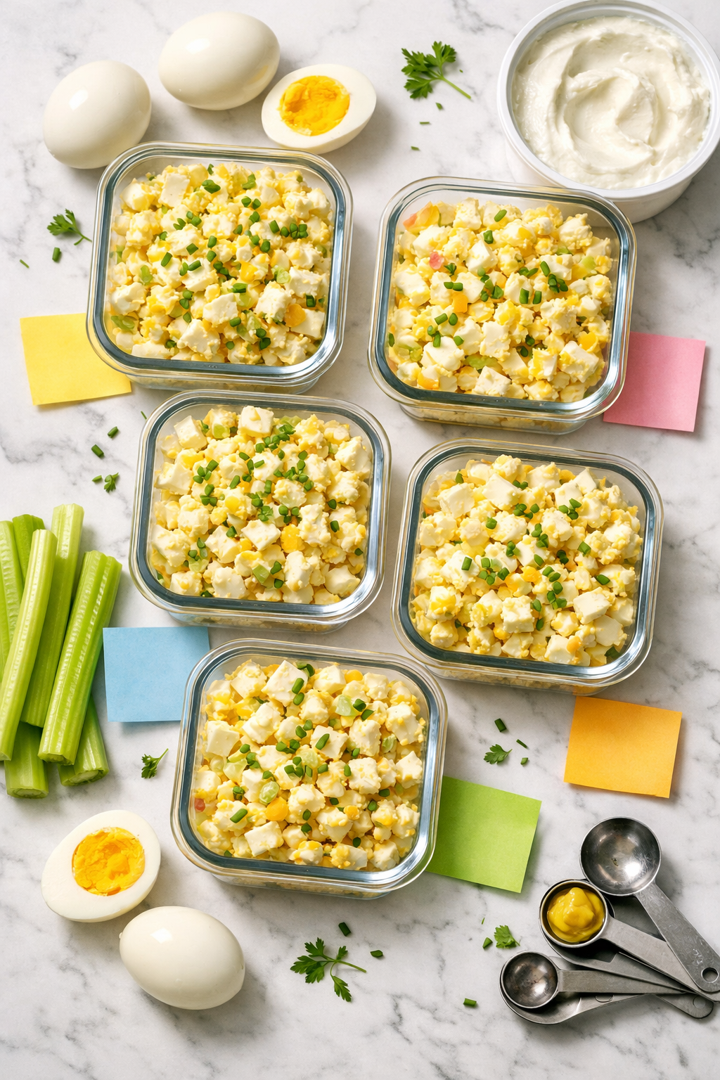 Close-up overhead flat-lay portrait/Pinterest format () of a meal prep scene showing five glass containers filled with high