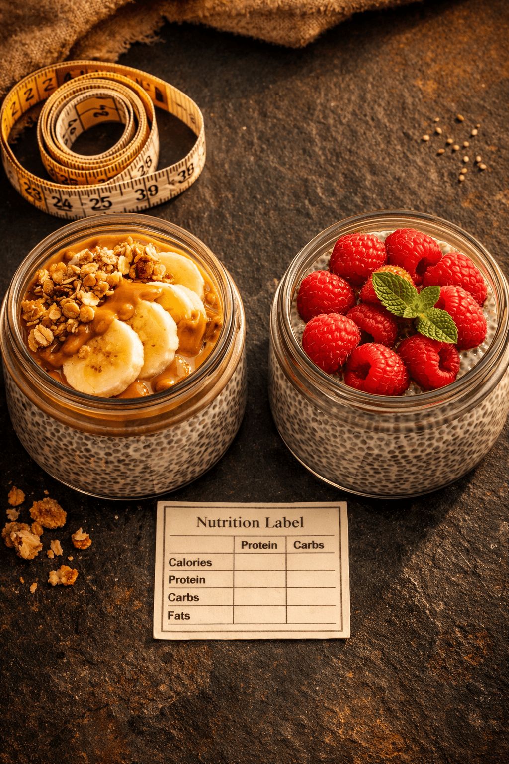 Close-up overhead flat-lay portrait/Pinterest format () of two identical glass jars of chia seed pudding side by side on a