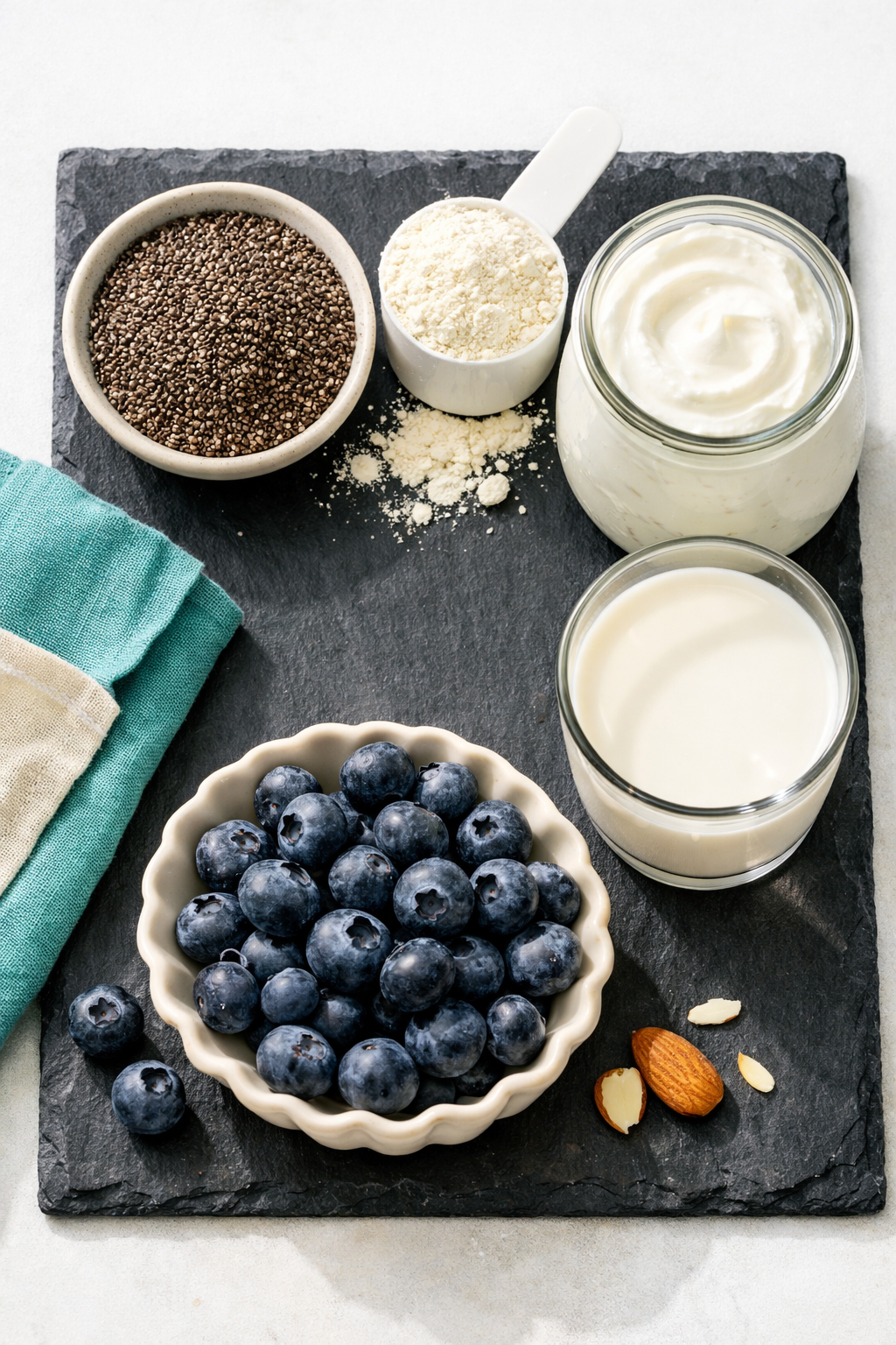 Close-up overhead flat-lay portrait/Pinterest format () showing all ingredients for protein chia seed pudding arranged