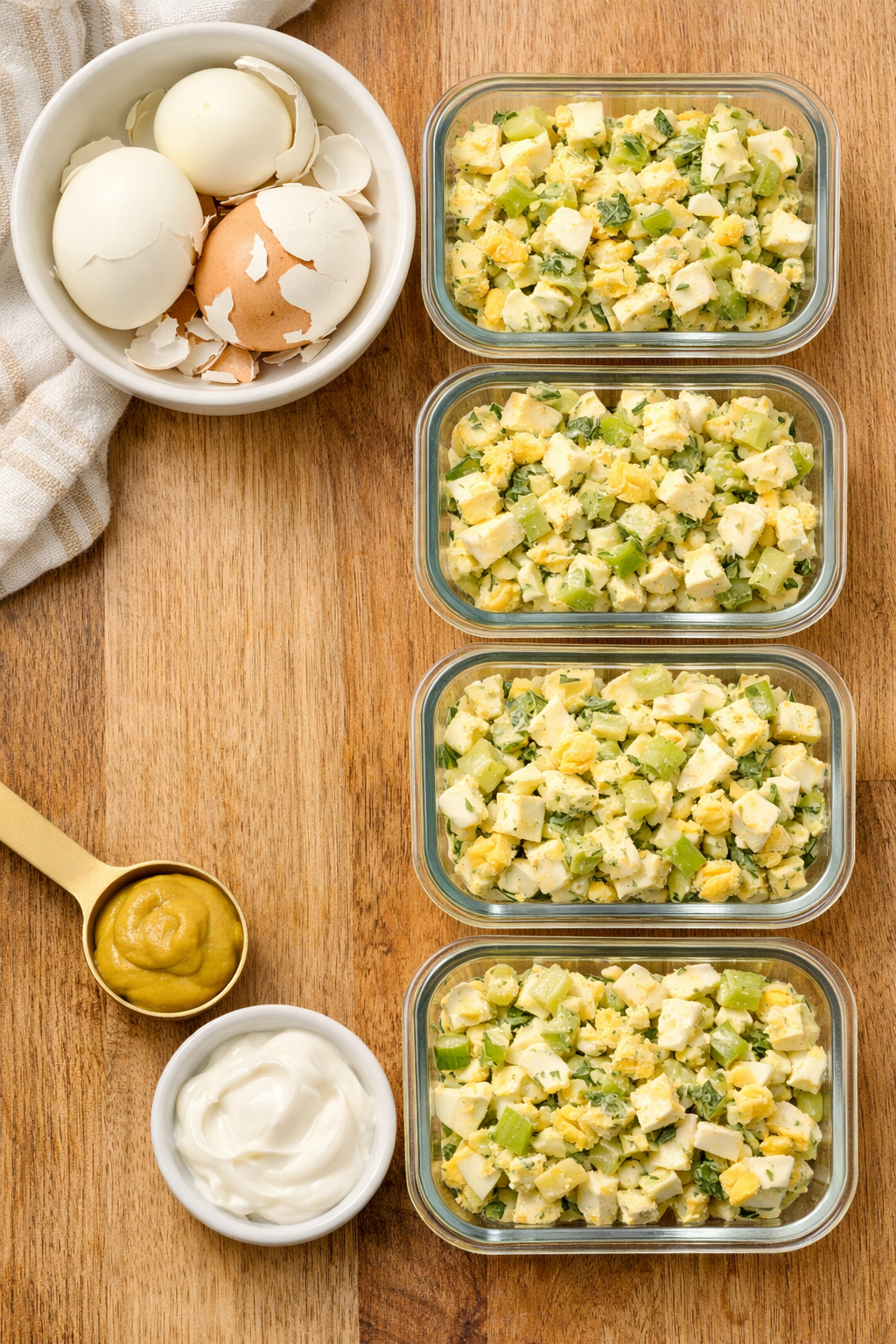 Close-up overhead flat-lay portrait/Pinterest format () showing four glass meal prep containers lined up on a wooden kitchen