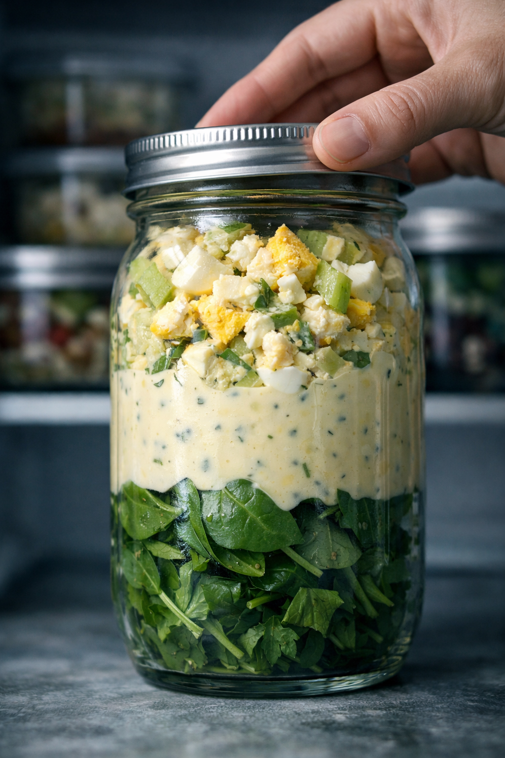 Dramatic side-angle portrait/Pinterest format () showing a single tall glass jar of high-protein egg salad being sealed with