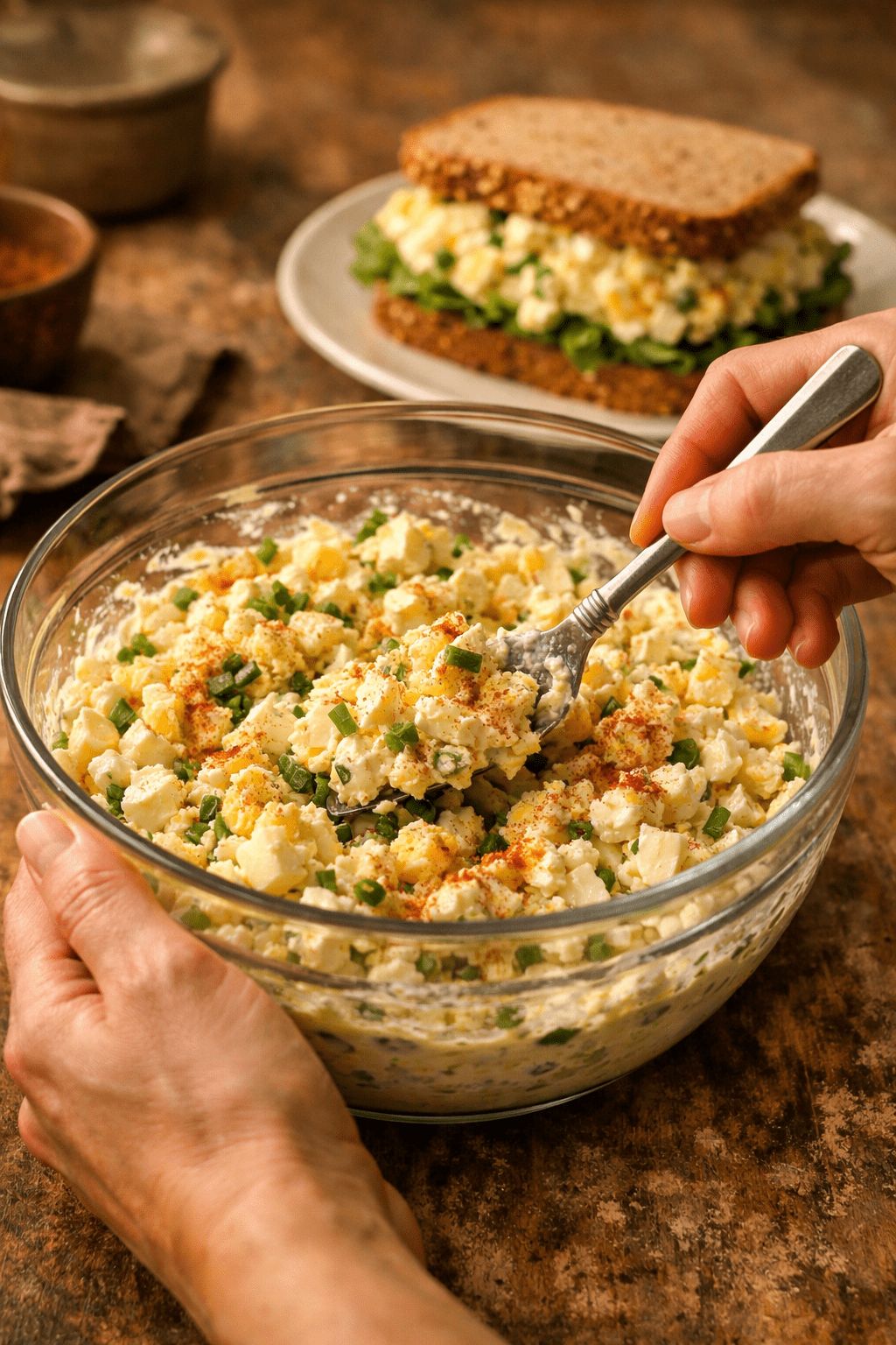 Portrait/Pinterest format () action shot from a 45-degree angle showing hands using a fork to mix chunky high protein egg
