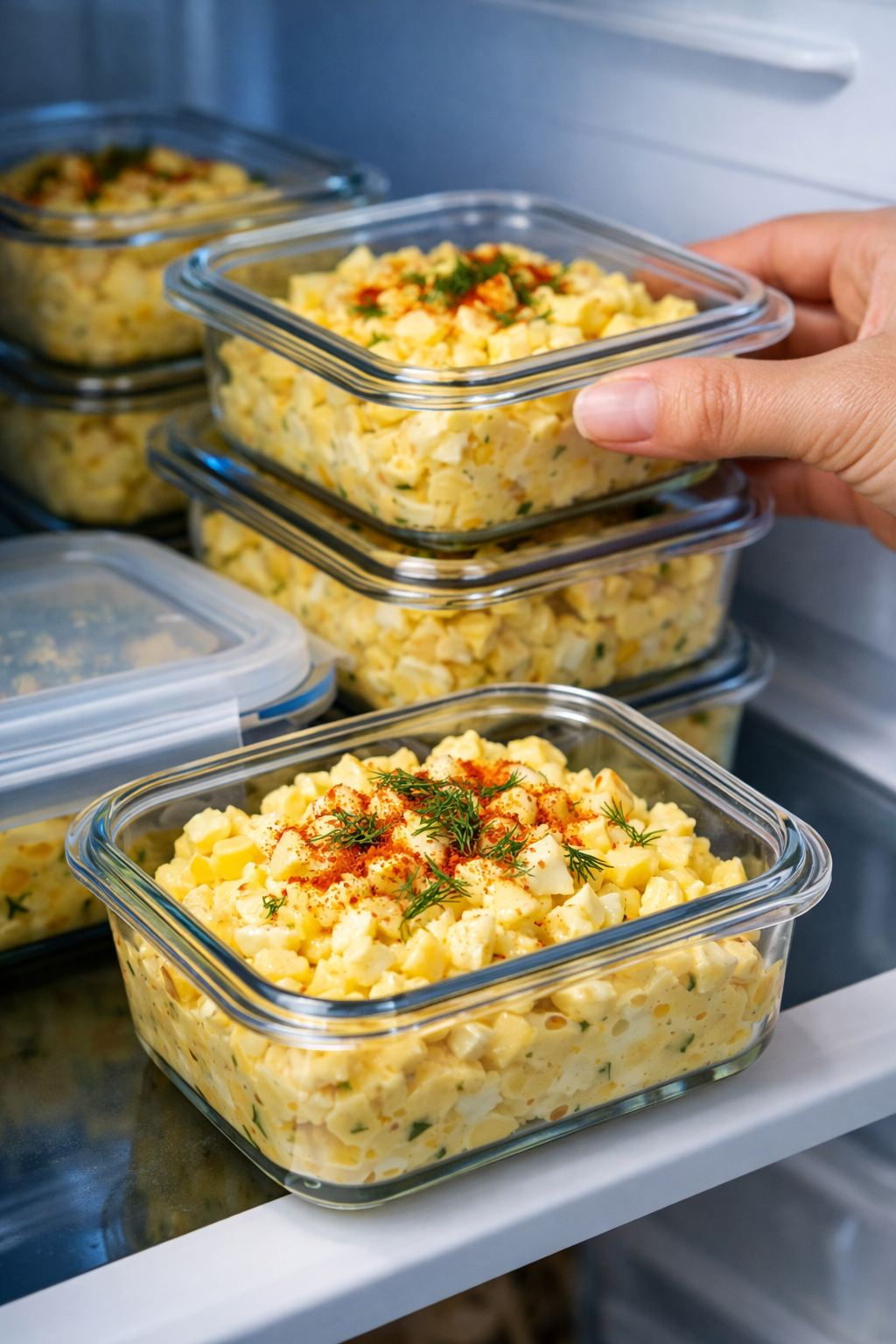 Portrait/Pinterest format () close-up angled shot of multiple glass meal prep containers lined up in a neat row inside a