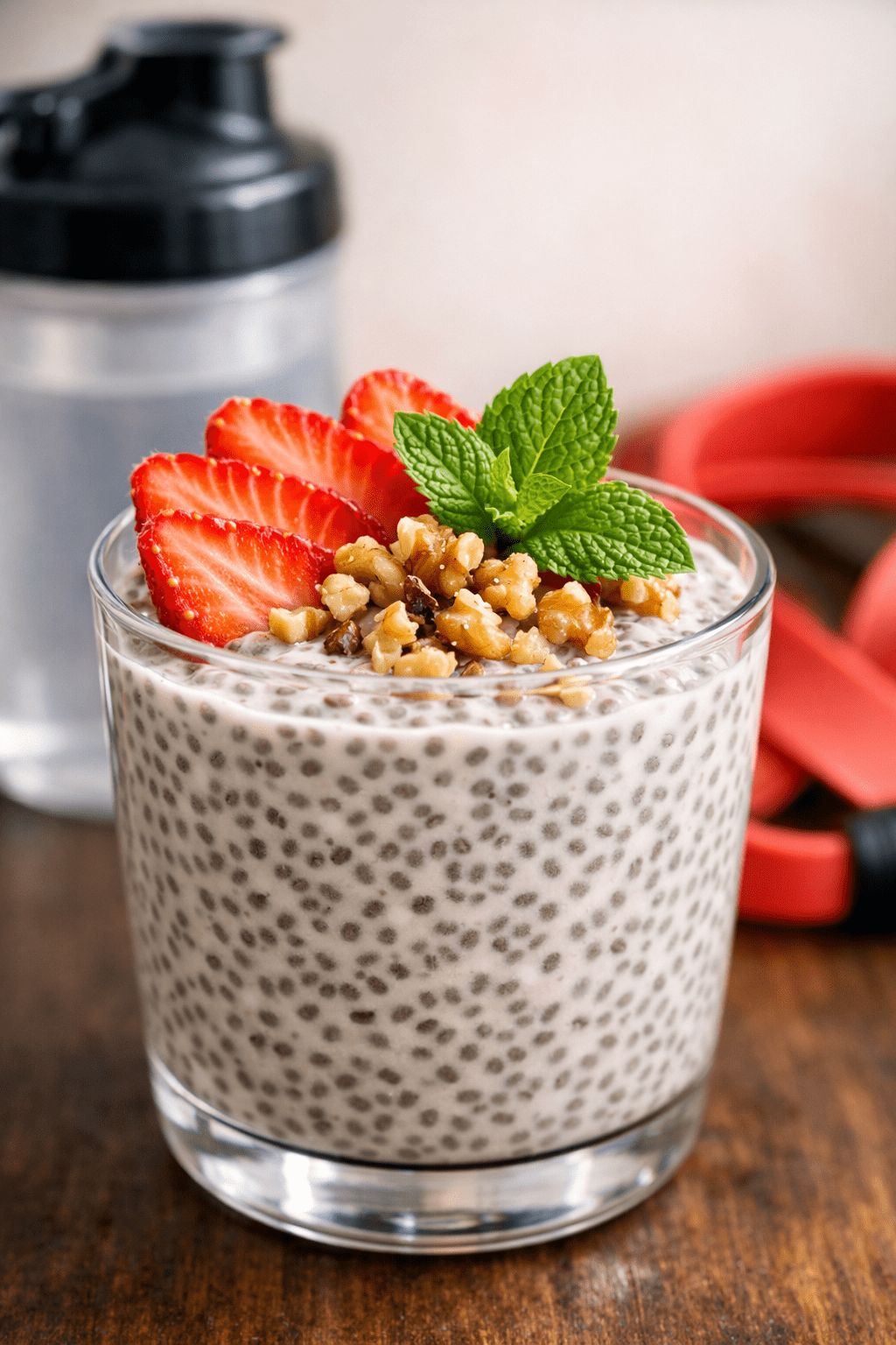 Portrait/Pinterest format () close-up macro shot of a finished high-protein chia seed pudding in a clear glass, showing