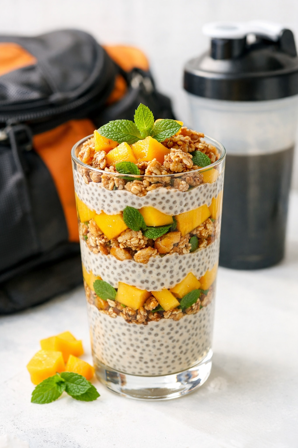 Portrait/Pinterest format () close-up macro shot of a finished protein chia pudding served in a tall clear glass, layers of