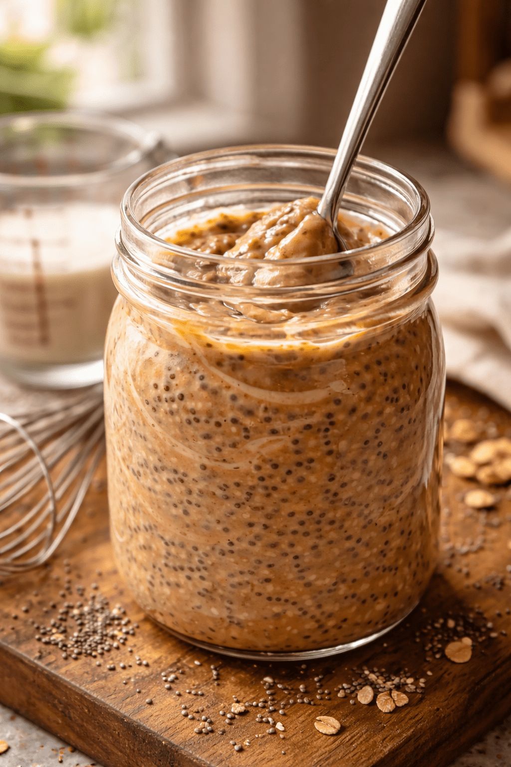 Portrait/Pinterest format () close-up macro shot of a glass jar of peanut butter chia seed pudding mid-preparation, showing