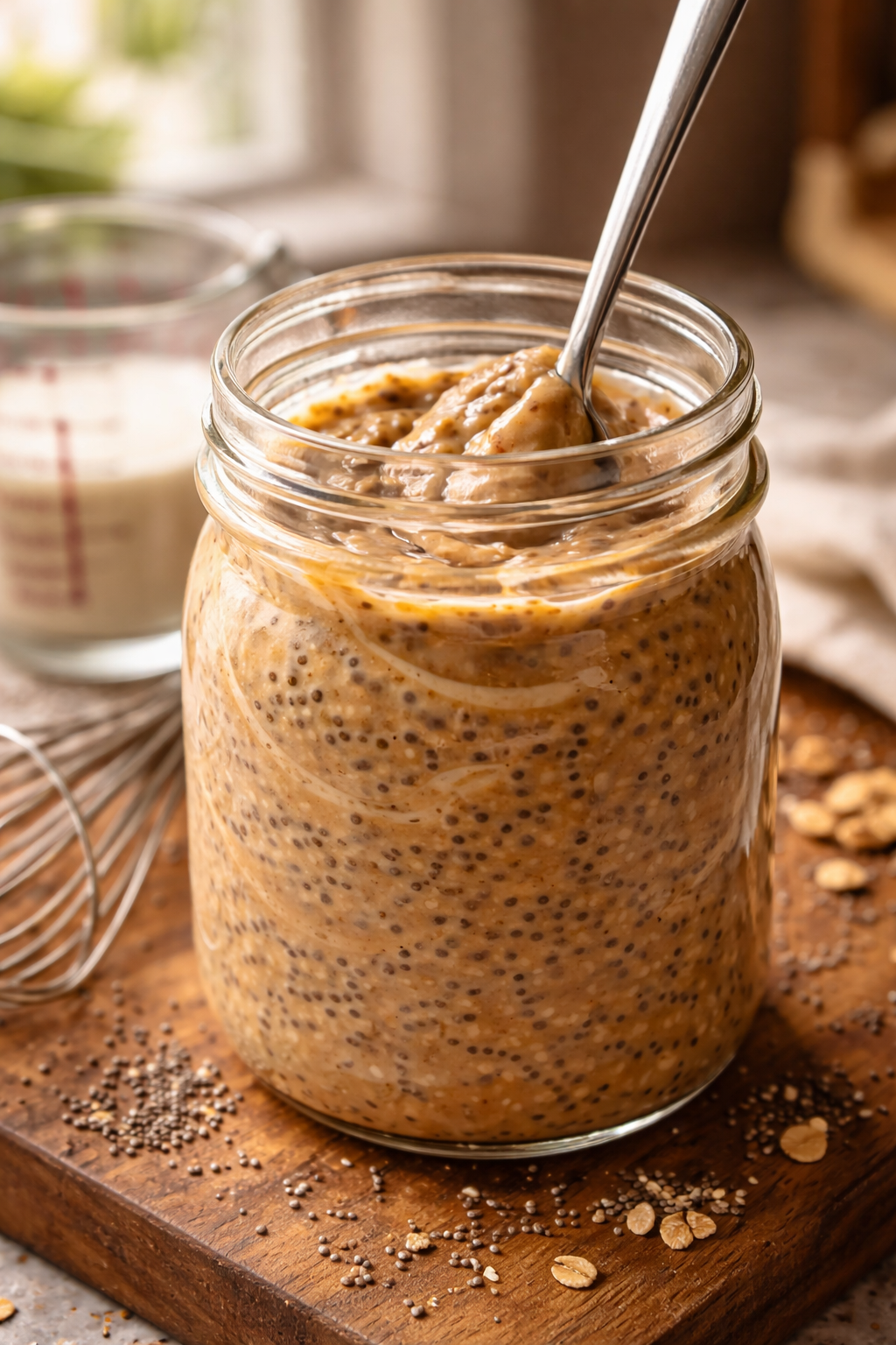 Portrait/Pinterest format () close-up macro shot of a glass jar of peanut butter chia seed pudding mid-preparation, showing