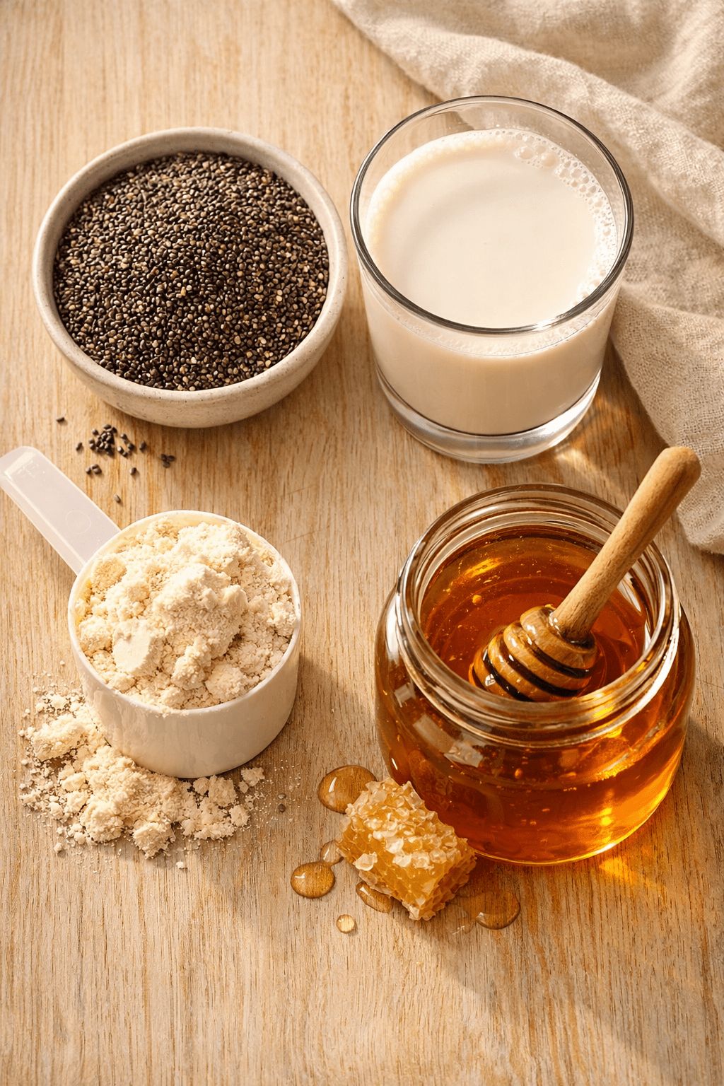 Portrait/Pinterest format () close-up overhead flat-lay of four key ingredients for protein chia seed pudding arranged
