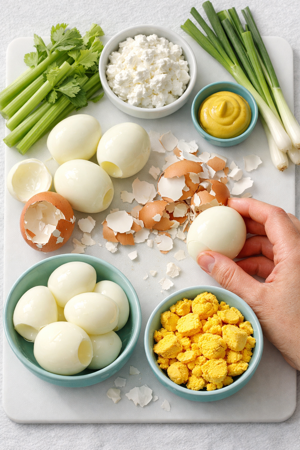 Portrait/Pinterest format () close-up overhead flat-lay of hard-boiled eggs being peeled and separated into whites and yolks