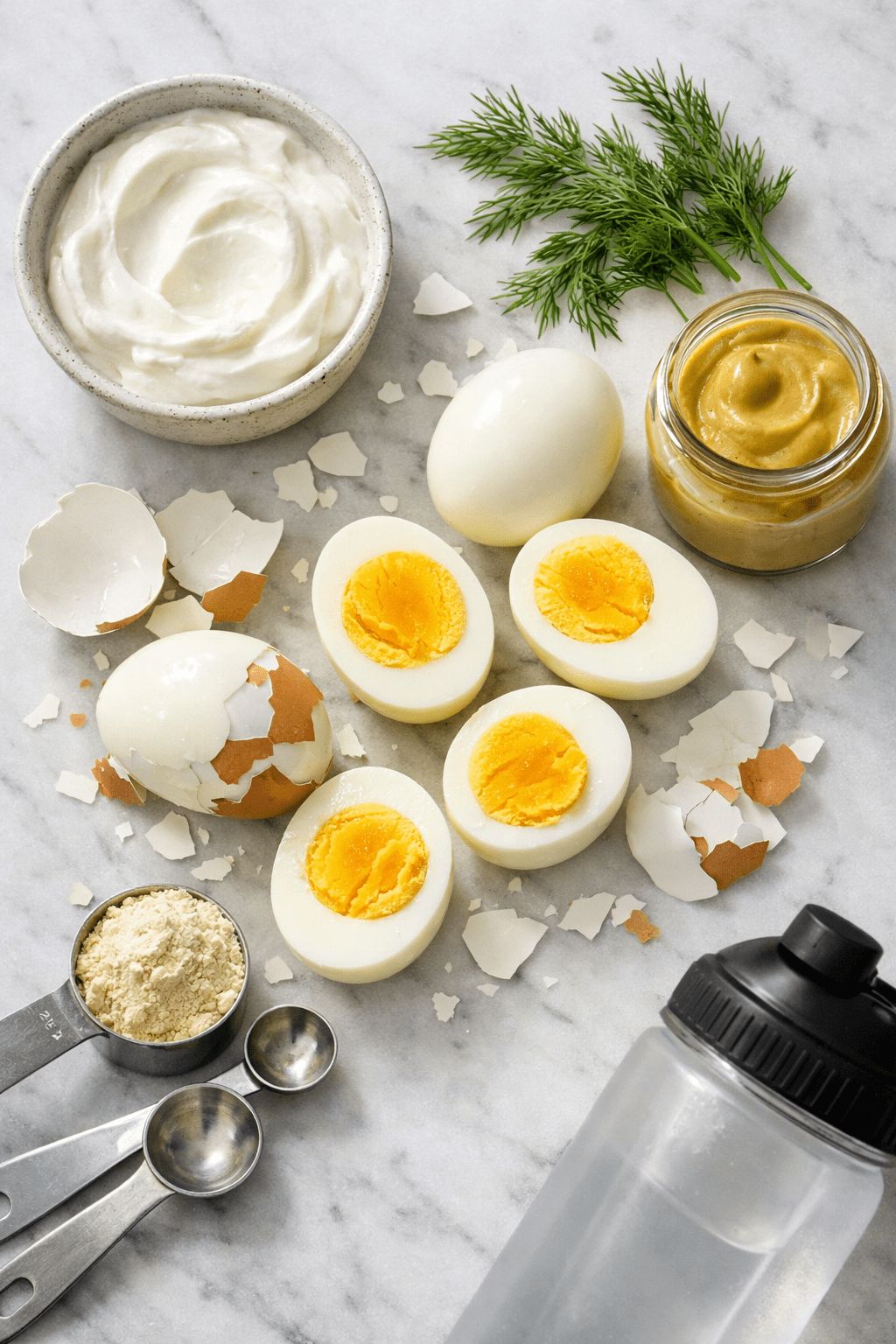 Portrait/Pinterest format () close-up overhead flat lay of hard-boiled eggs being peeled on a marble countertop, Greek