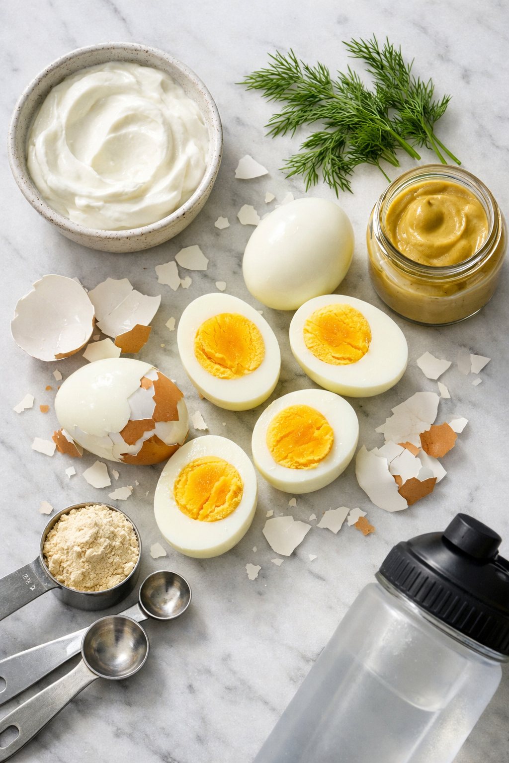Portrait/Pinterest format () close-up overhead flat lay of hard-boiled eggs being peeled on a marble countertop, Greek