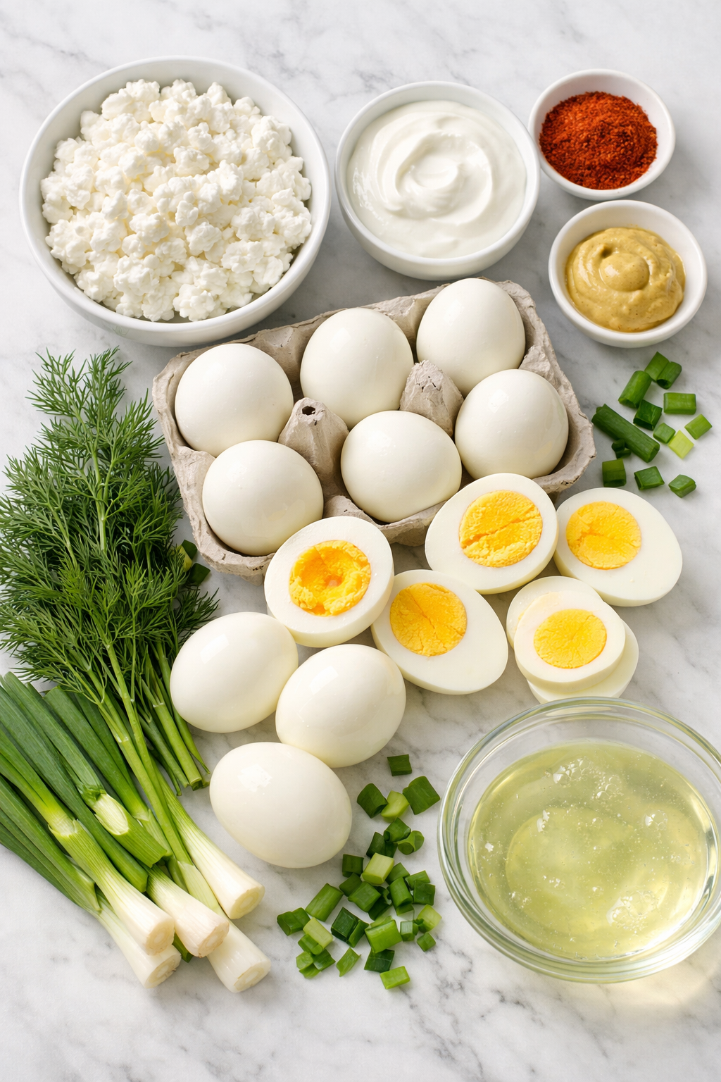 Portrait/Pinterest format () close-up overhead flat-lay of high protein egg salad ingredients arranged artfully on a white
