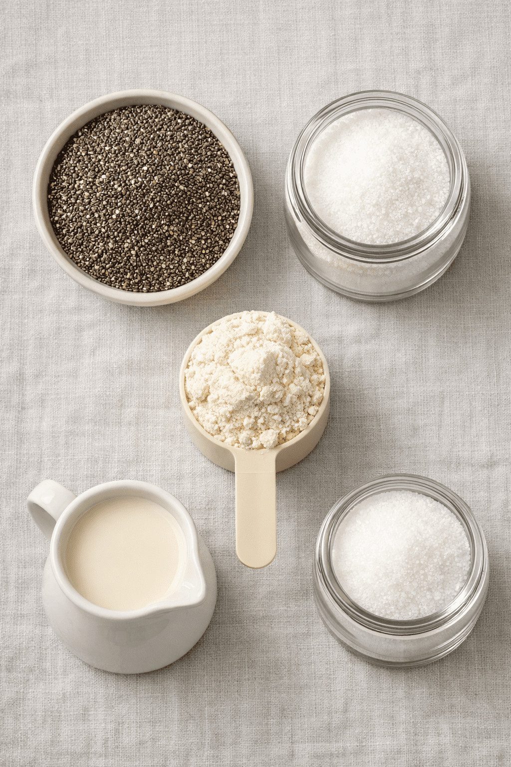 Portrait/Pinterest format () close-up overhead flat-lay of raw chia seeds, a scoop of vanilla protein powder, a small