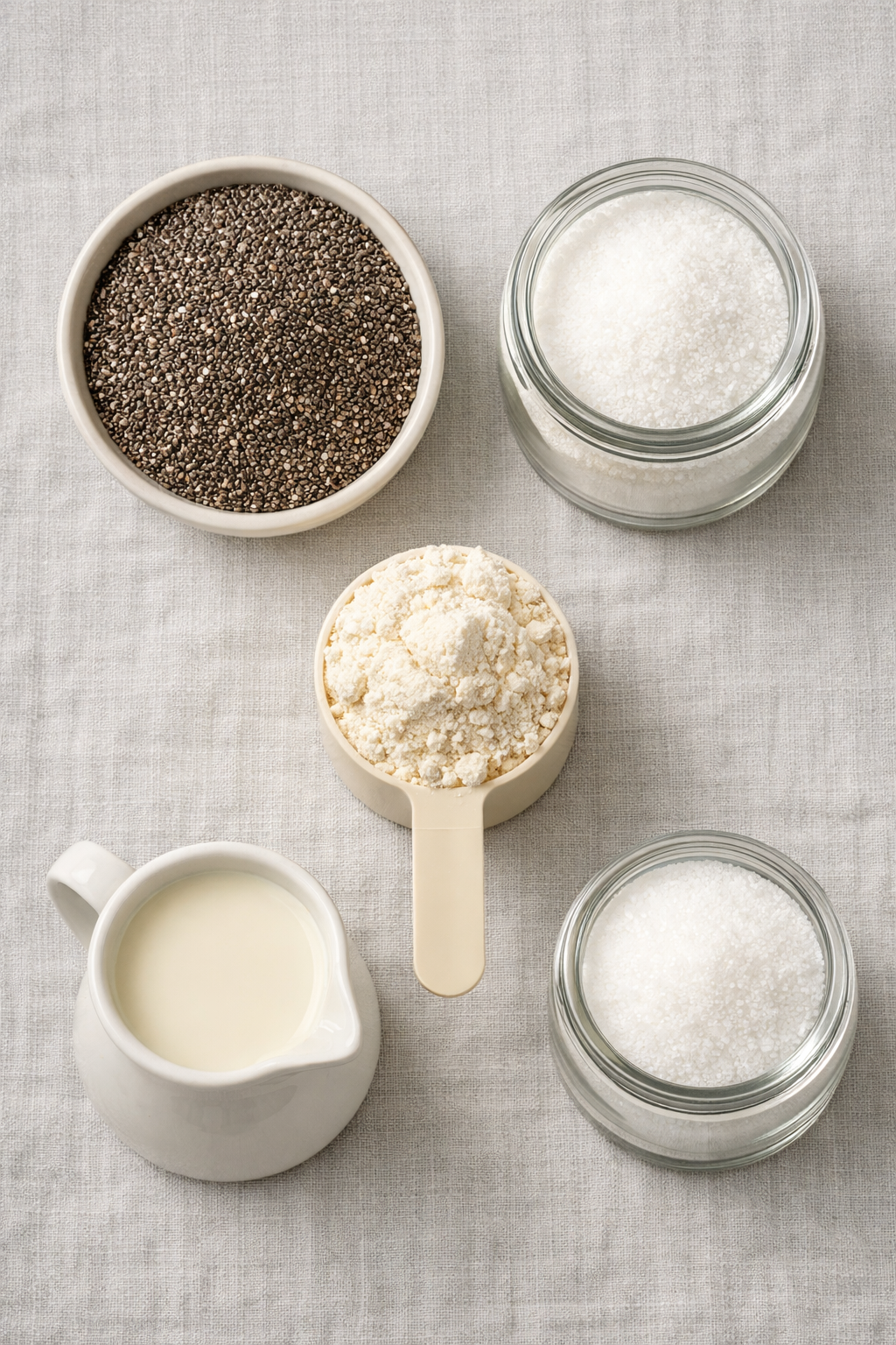 Portrait/Pinterest format () close-up overhead flat-lay of raw chia seeds, a scoop of vanilla protein powder, a small