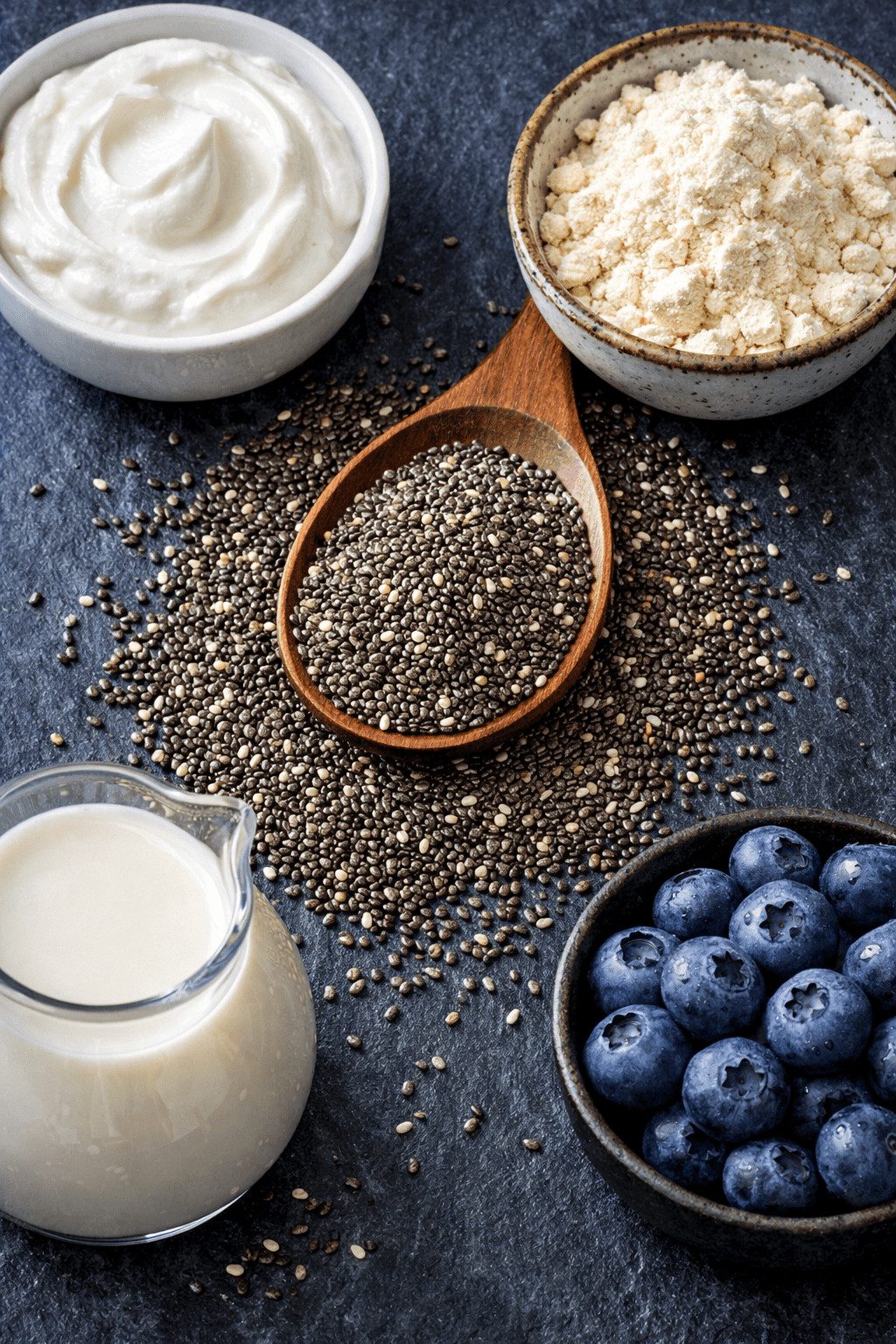 Portrait/Pinterest format () close-up overhead flat-lay of raw chia seeds spilling from a wooden spoon onto a dark slate