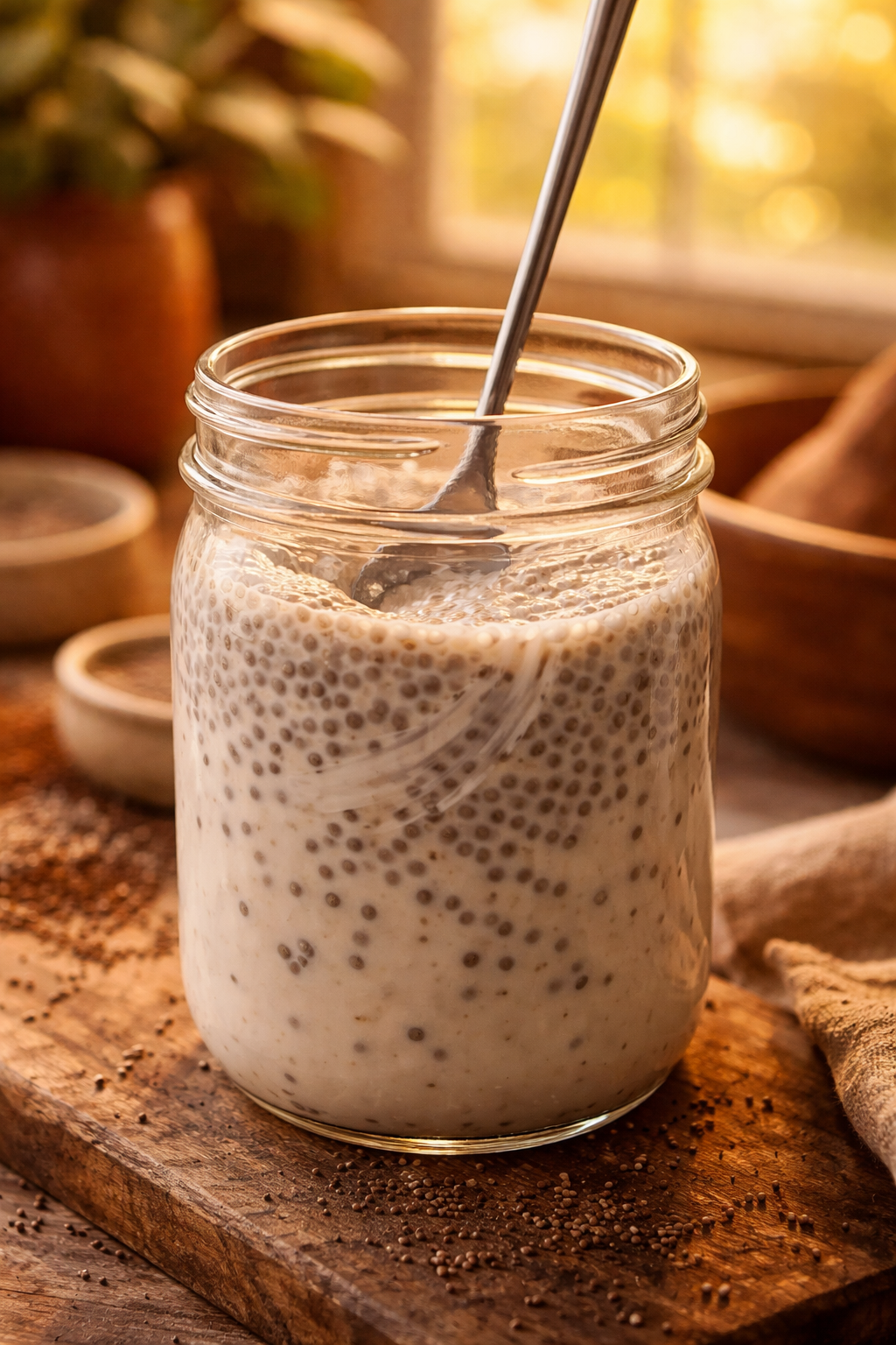 Portrait/Pinterest format () close-up side-angle shot of a mason jar mid-preparation process showing chia seeds being