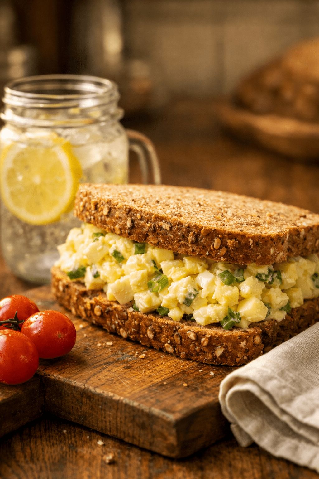 Portrait/Pinterest format () close-up side-angle shot of a whole grain sandwich filled with creamy high protein egg salad,