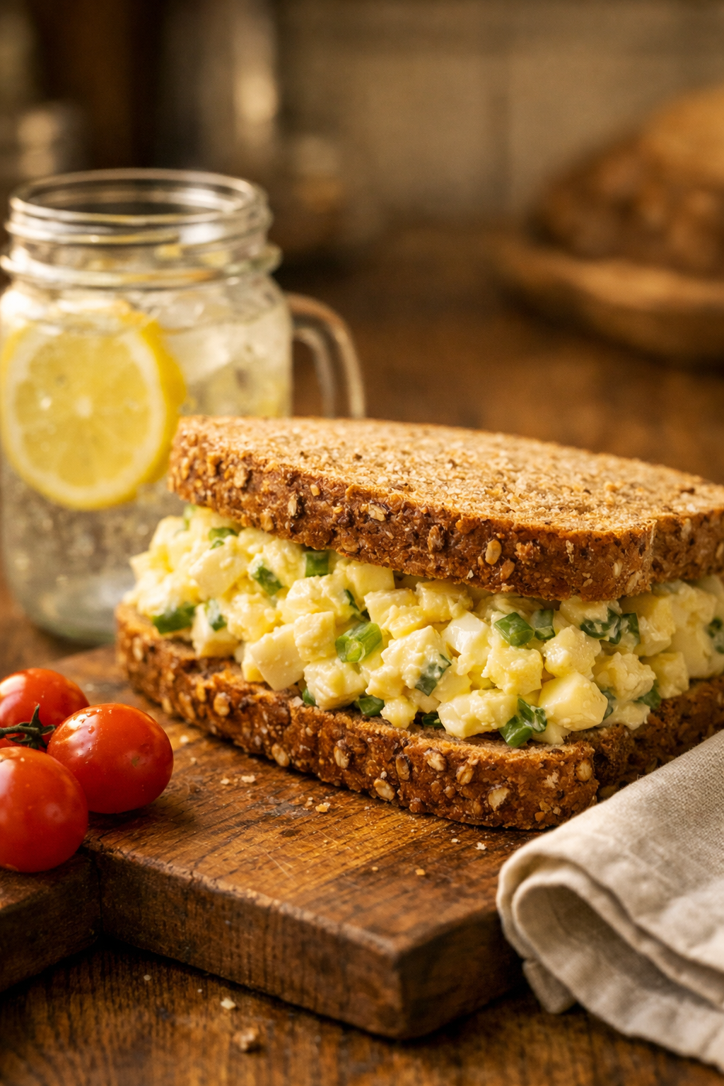 Portrait/Pinterest format () close-up side-angle shot of a whole grain sandwich filled with creamy high protein egg salad,