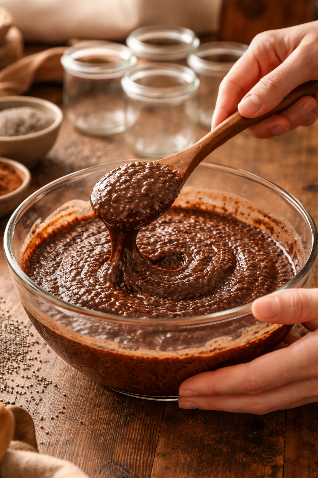 Portrait/Pinterest format () close-up side-angle shot of hands stirring a glass mixing bowl filled with dark chocolate chia