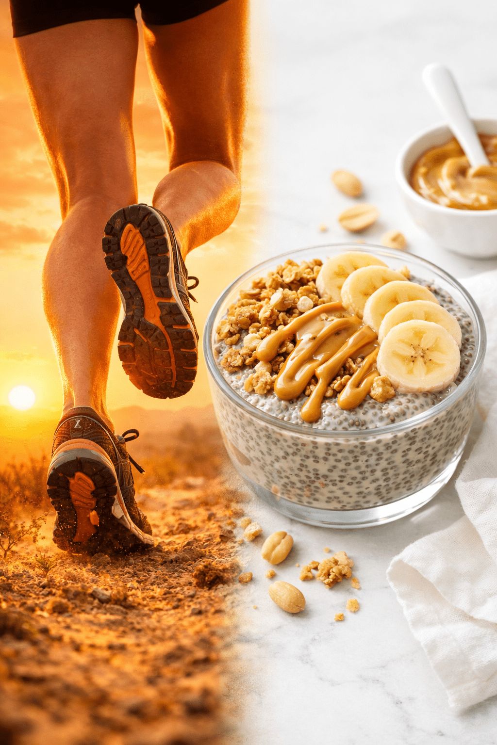 Portrait/Pinterest format () dynamic split-scene image: on the left, a runner's legs in motion on a trail at sunrise wearing