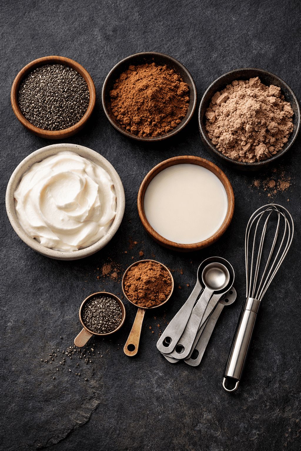 Portrait/Pinterest format () flat lay overhead shot of all raw ingredients for chocolate protein chia seed pudding arranged