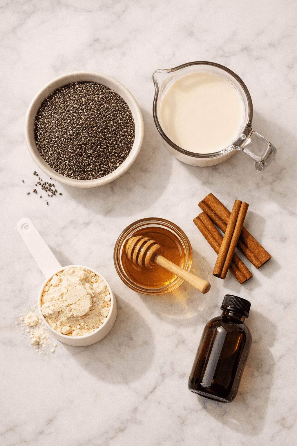Portrait/Pinterest format () flat-lay overhead shot of all raw ingredients for protein chia seed pudding spread across a