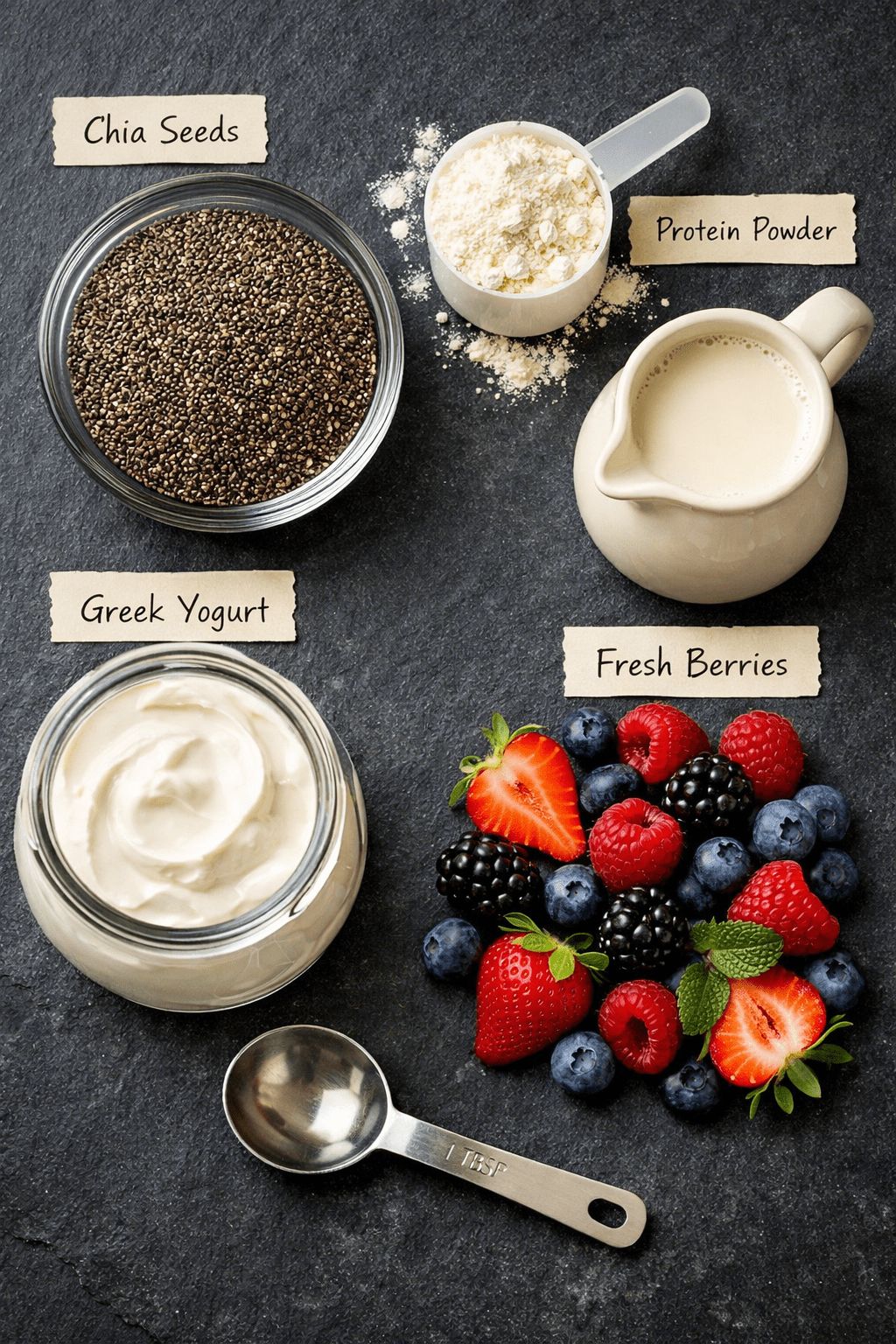 Portrait/Pinterest format () flat lay overhead shot of raw chia seed pudding ingredients arranged artfully on a dark slate