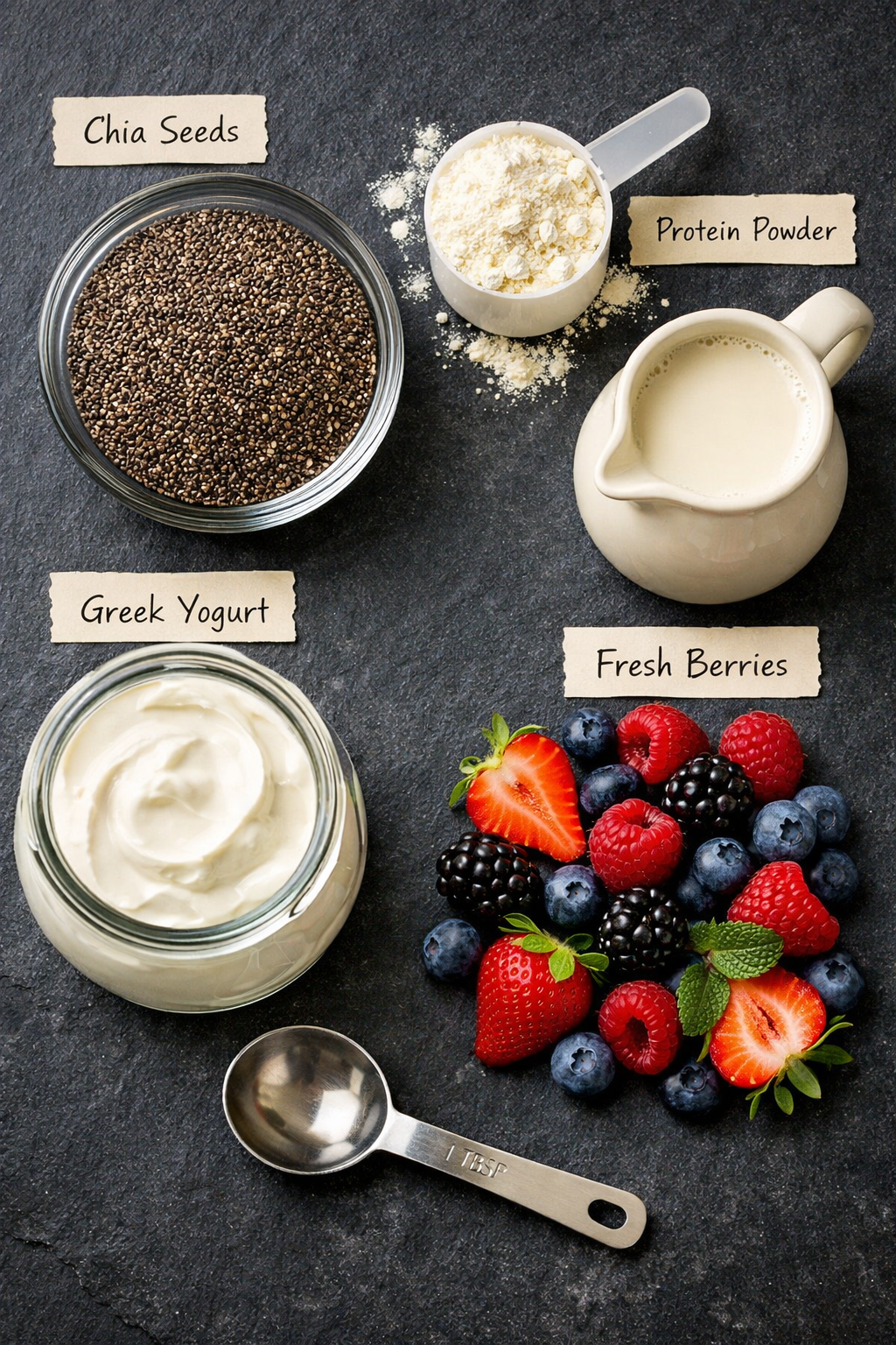 Portrait/Pinterest format () flat lay overhead shot of raw chia seed pudding ingredients arranged artfully on a dark slate