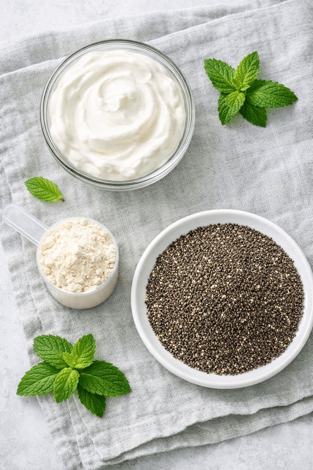 Portrait/Pinterest format () flat-lay overhead shot of three separate glass bowls showing the key protein-boosting
