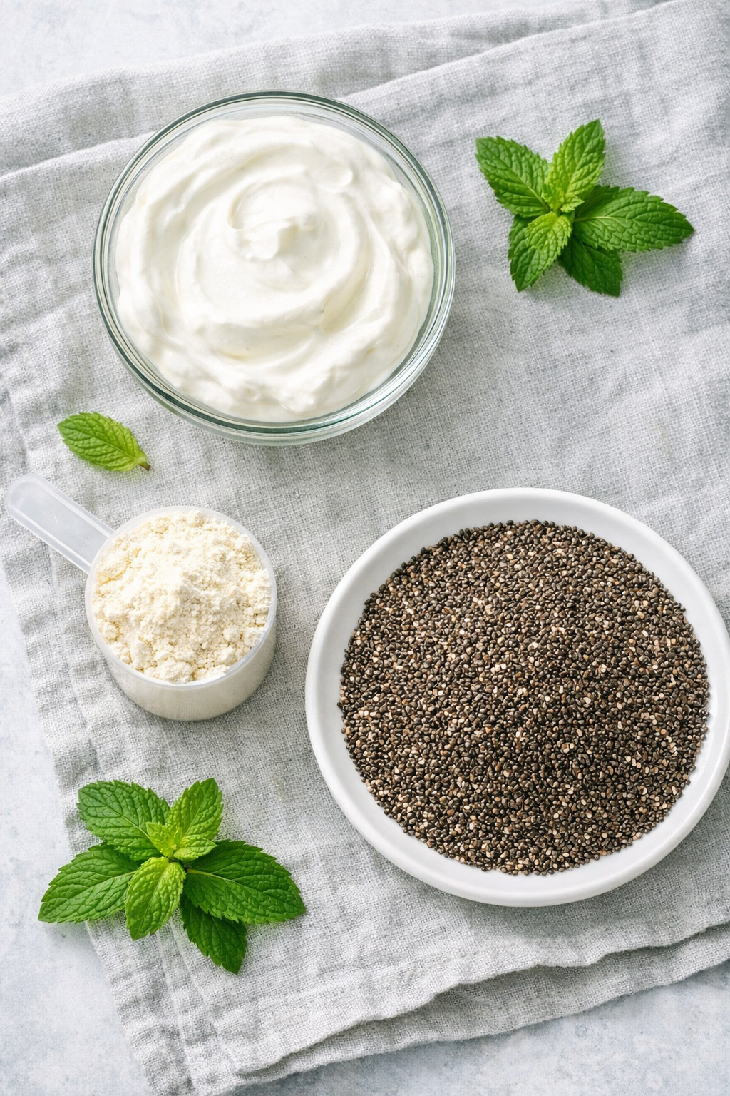 Portrait/Pinterest format () flat-lay overhead shot of three separate glass bowls showing the key protein-boosting