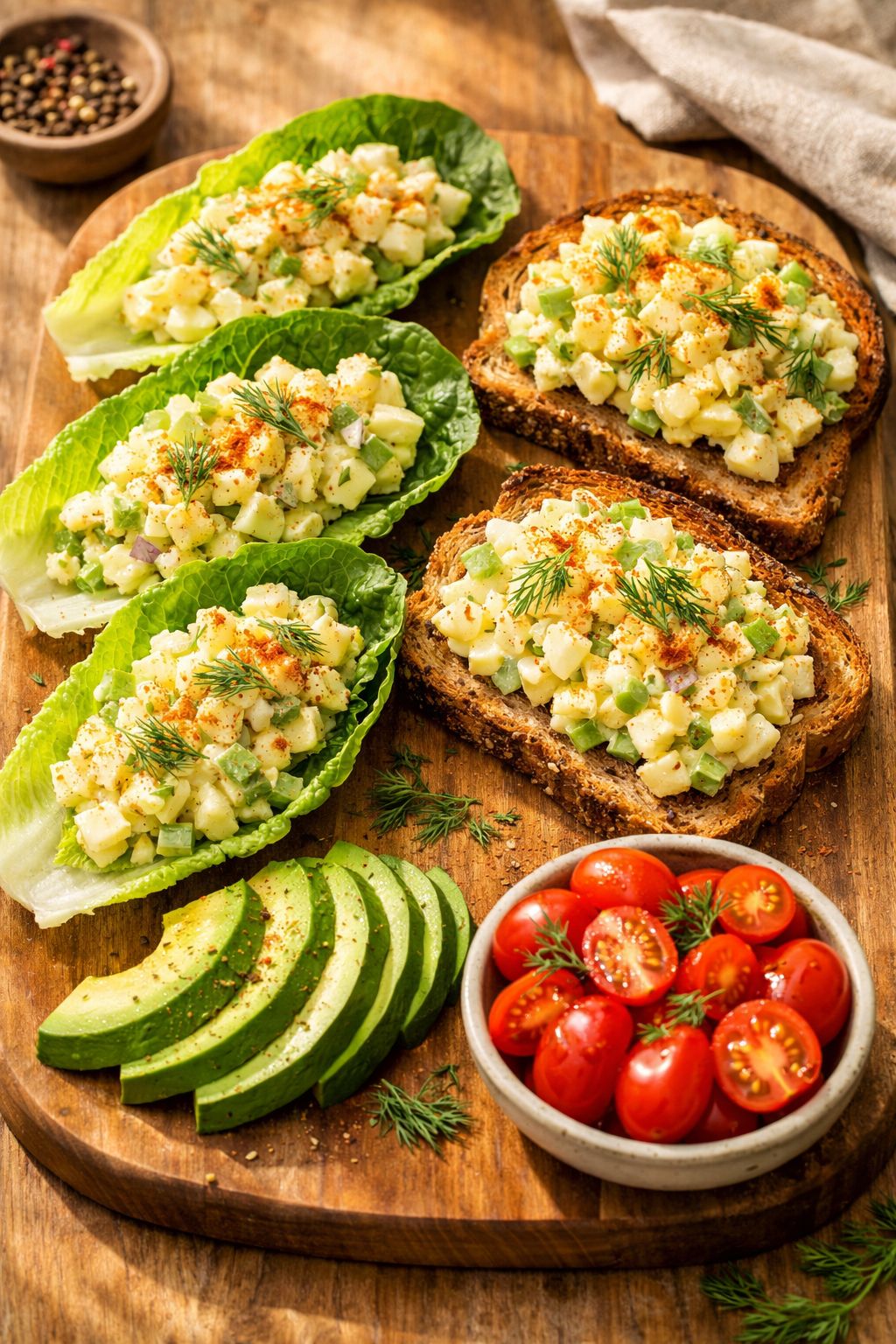Portrait/Pinterest format () image of a finished high protein egg salad served two ways — scooped into crisp romaine lettuce