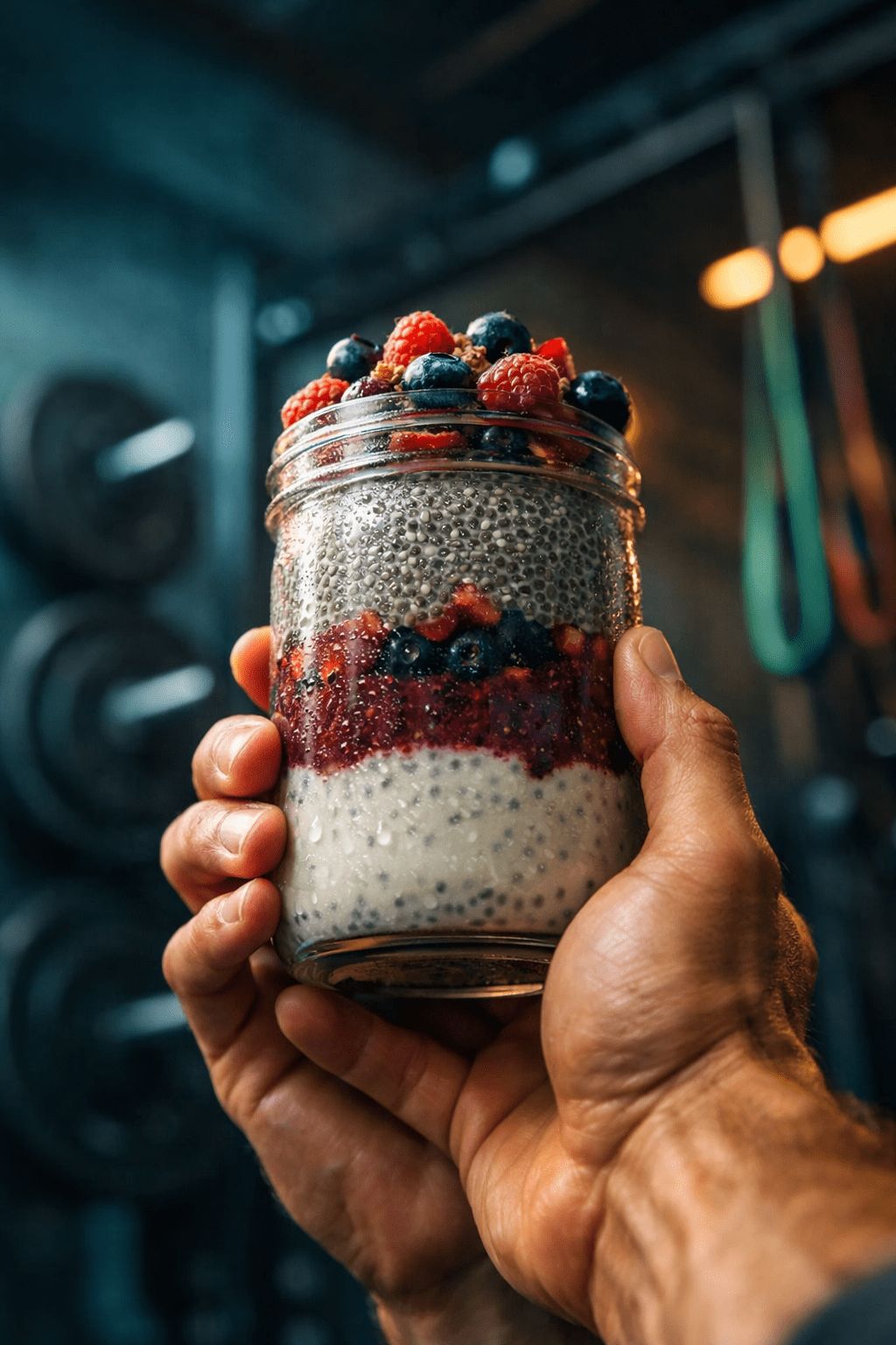 Portrait/Pinterest format () image of a fit person's hands holding a glass jar of layered protein chia seed pudding with