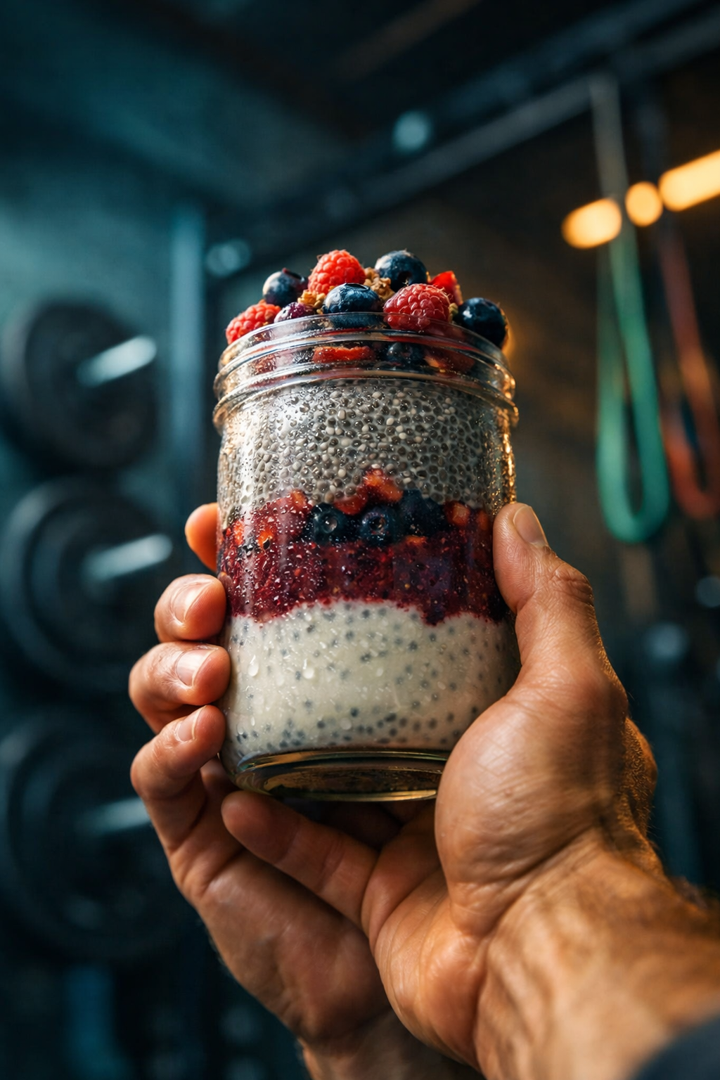 Portrait/Pinterest format () image of a fit person's hands holding a glass jar of layered protein chia seed pudding with