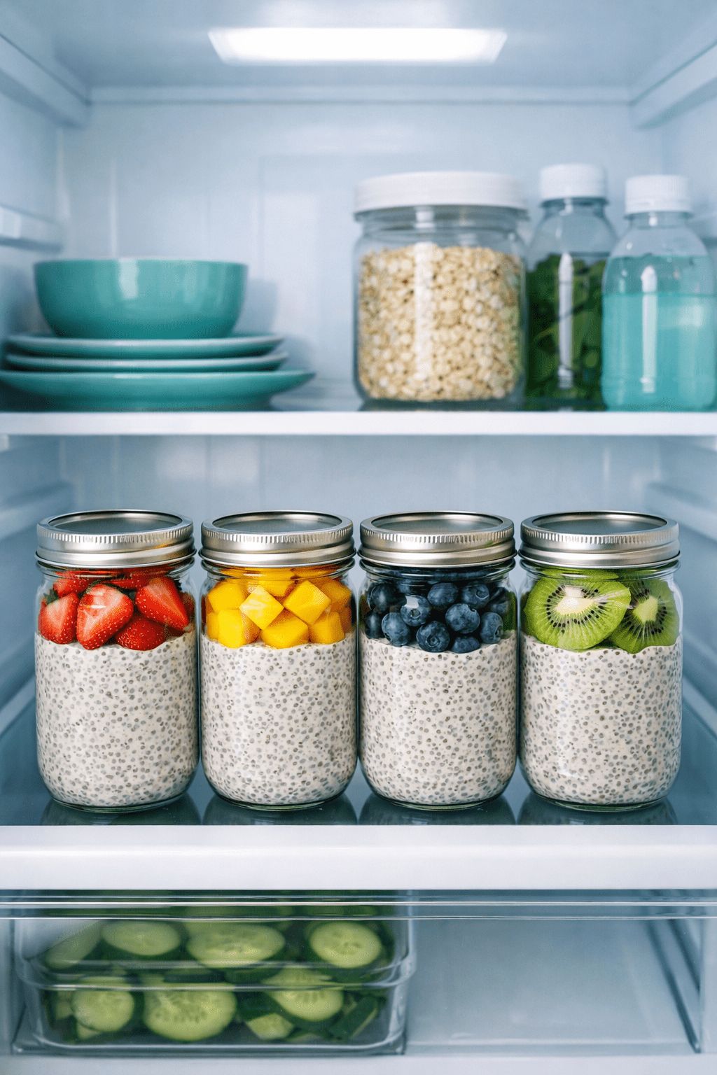 Portrait/Pinterest format () meal prep flat-lay showing four sealed glass mason jars of chia seed pudding arranged in a row