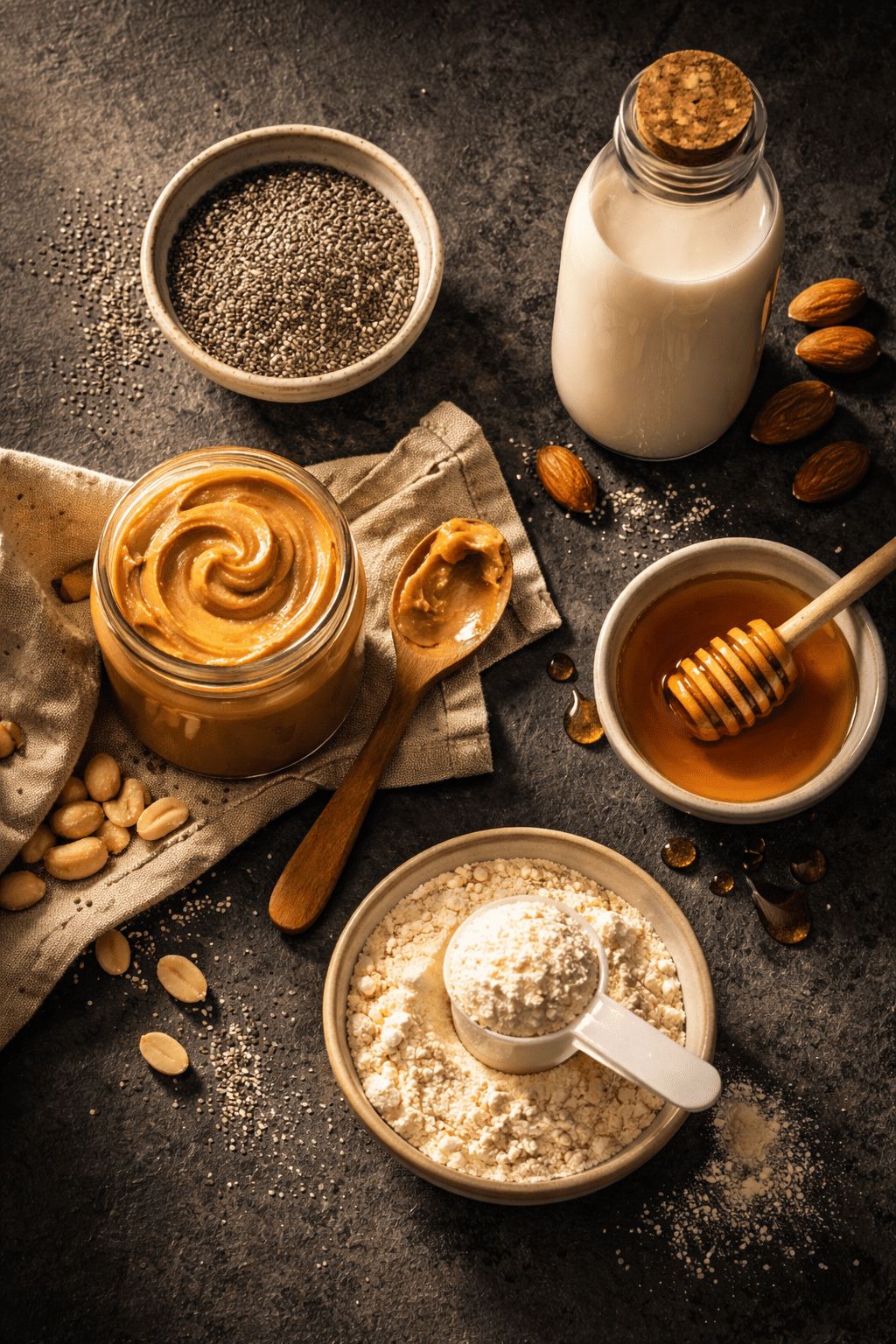 Portrait/Pinterest format () overhead flat-lay image of chia seed pudding ingredients arranged artfully on a dark slate