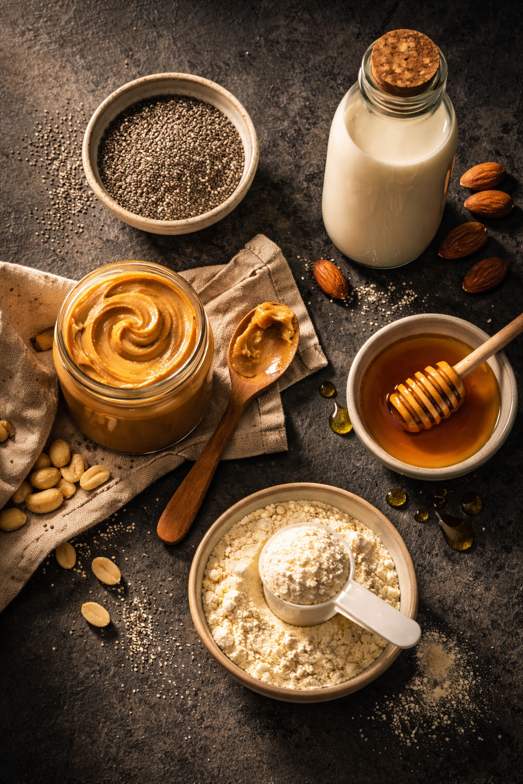 Portrait/Pinterest format () overhead flat-lay image of chia seed pudding ingredients arranged artfully on a dark slate