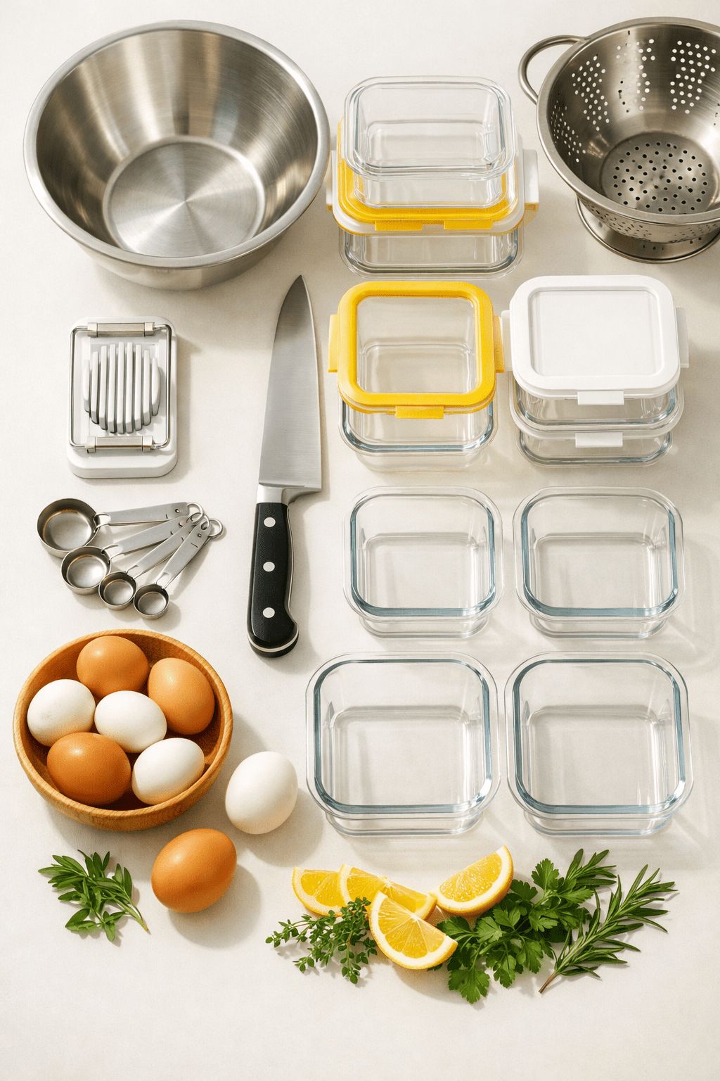 Portrait/Pinterest format () overhead flat-lay image showing organized meal prep tools laid out on a white kitchen counter: