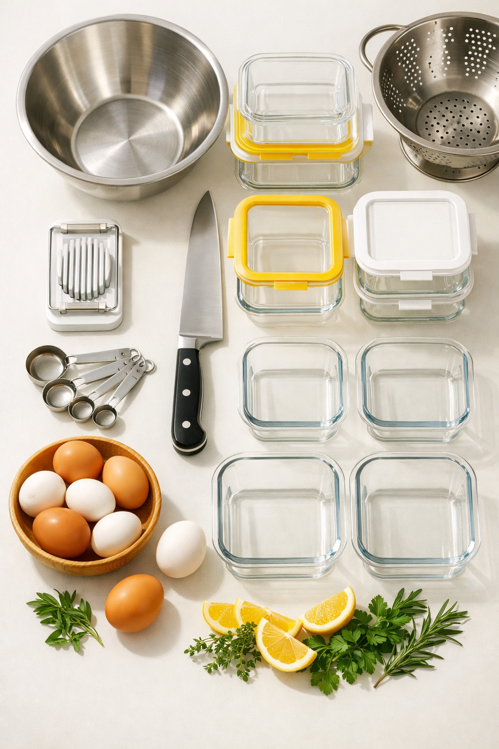 Portrait/Pinterest format () overhead flat-lay image showing organized meal prep tools laid out on a white kitchen counter: