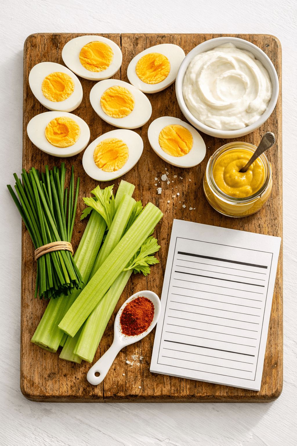 Portrait/Pinterest format () overhead flat-lay shot of egg salad ingredients artfully arranged on a rustic wooden board: six