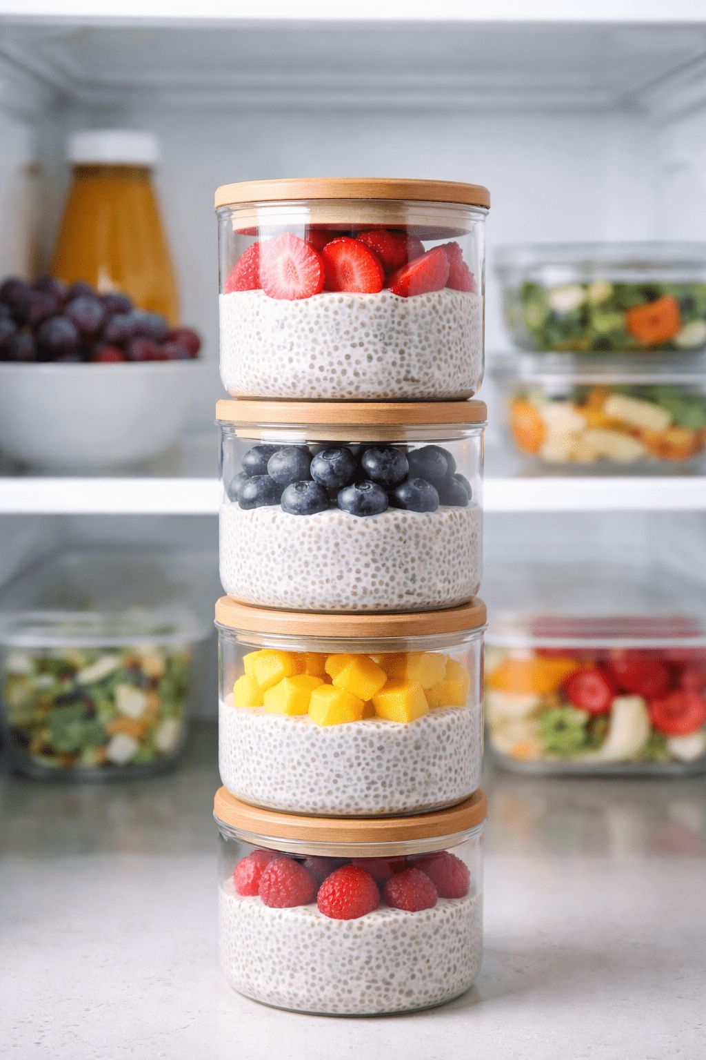 Portrait/Pinterest format () refrigerator interior shot showing four neatly labeled glass jars of chia seed pudding stacked