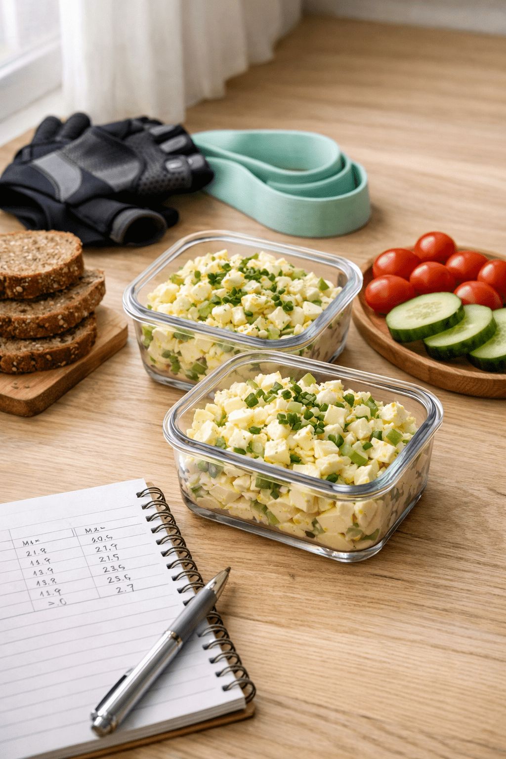 Portrait/Pinterest format () showing a meal prep scene with two glass containers filled with high protein egg salad, whole