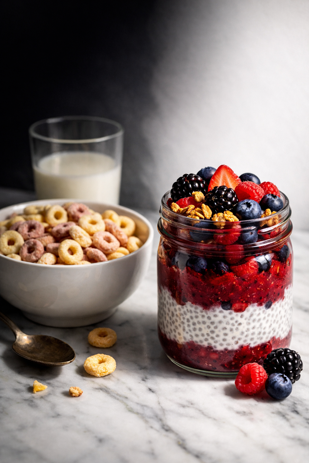 Portrait/Pinterest format () side-angle shot of a nutritional comparison scene showing two breakfast options side by side on