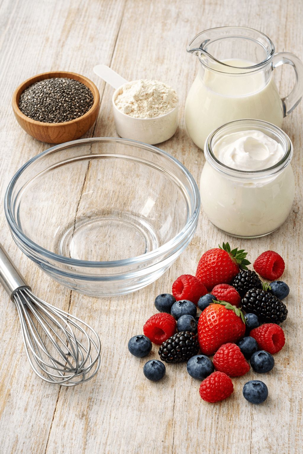 Portrait/Pinterest format () step-by-step ingredient flat-lay shot from a 45-degree angle showing chia seeds in a small