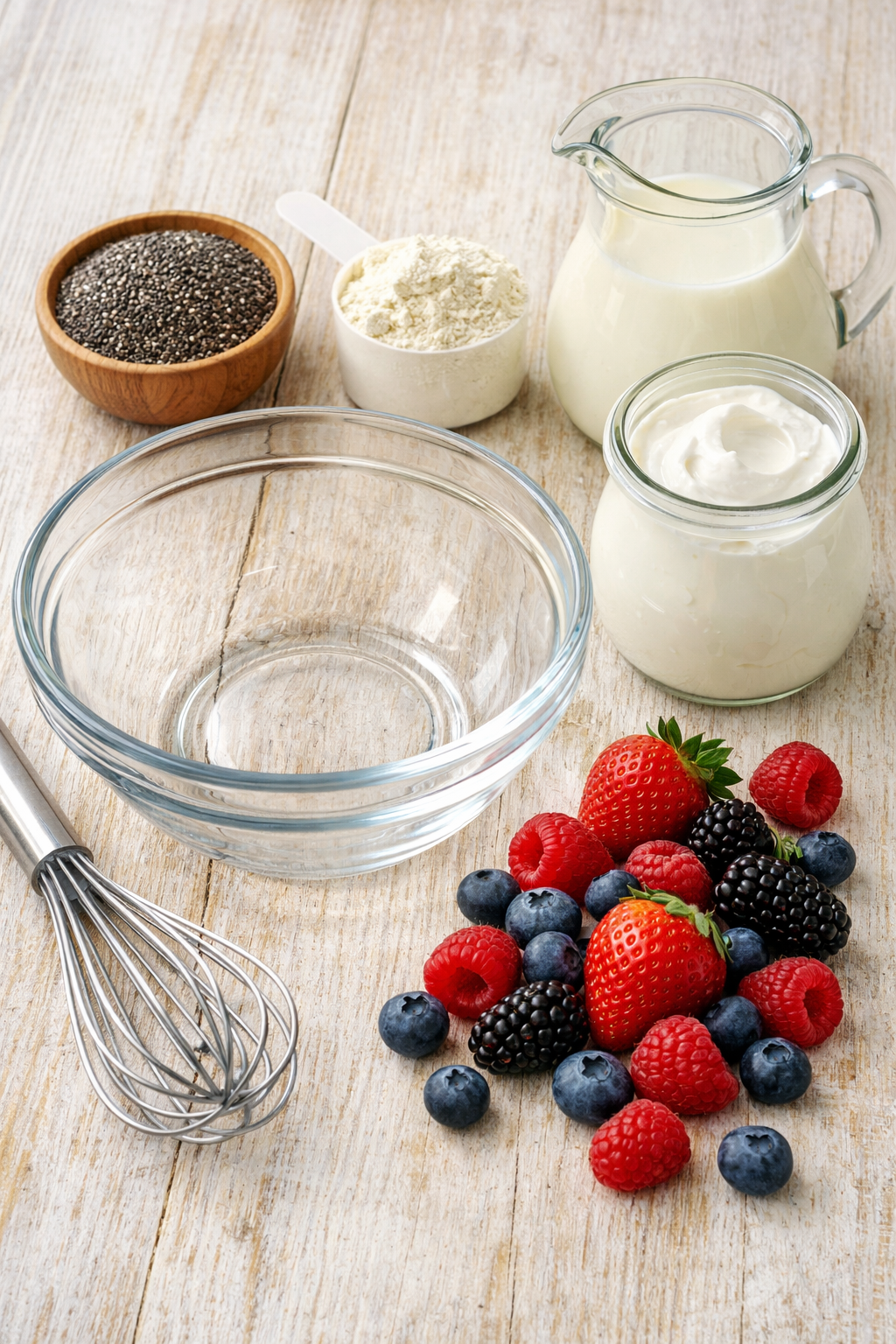 Portrait/Pinterest format () step-by-step ingredient flat-lay shot from a 45-degree angle showing chia seeds in a small