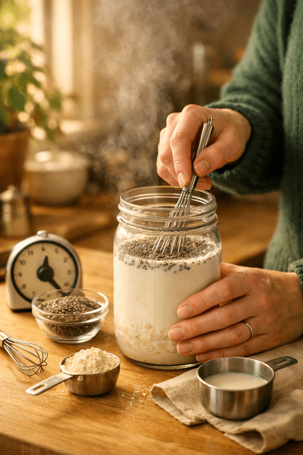 Portrait/Pinterest format () step-by-step preparation scene photographed from a 45-degree angle showing a person's hands
