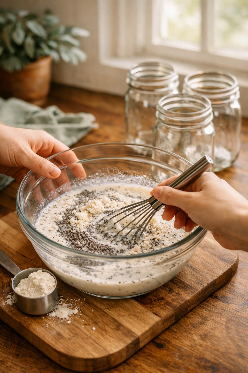 Portrait/Pinterest format () step-by-step preparation scene showing hands whisking chia seeds and protein powder into milk