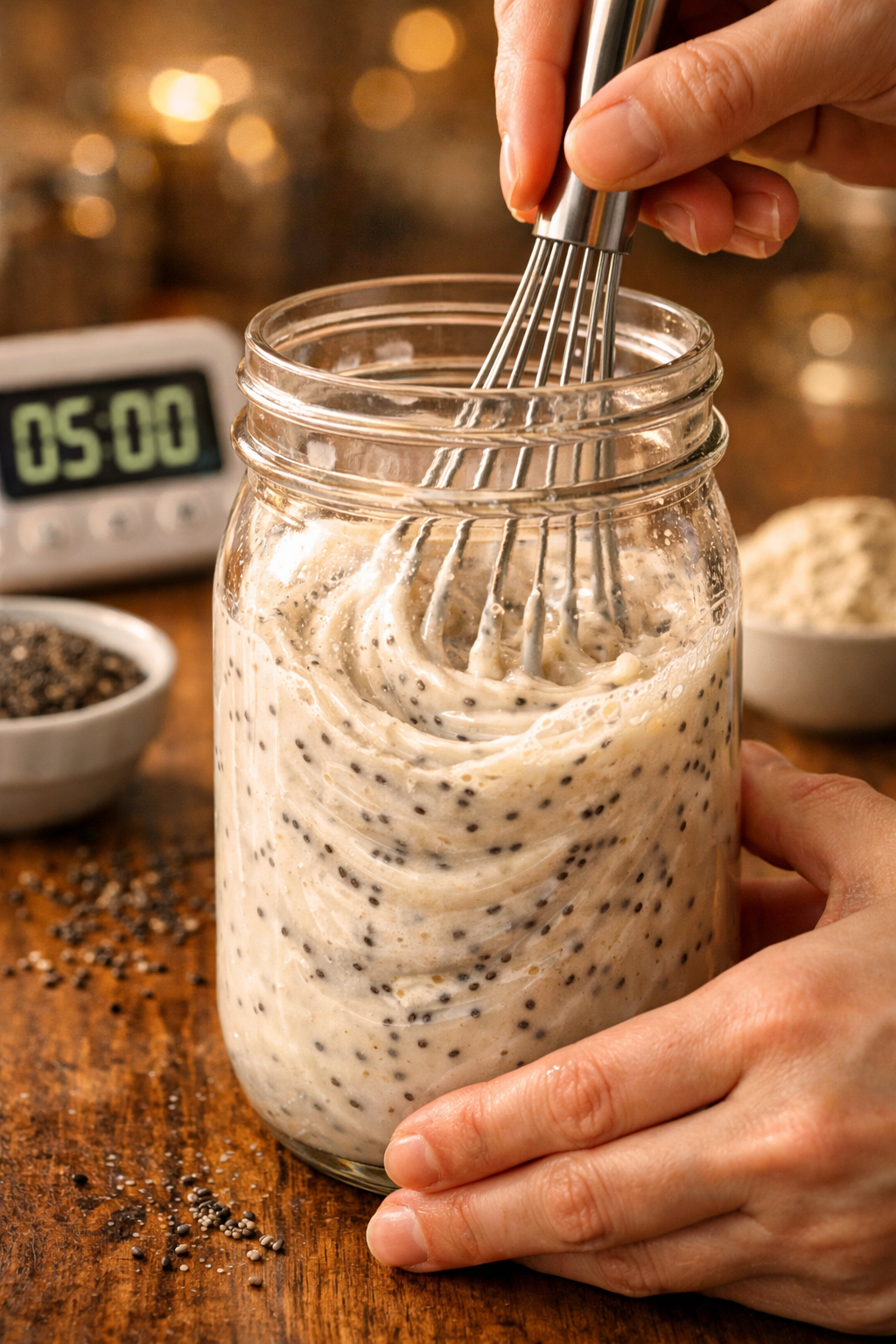 Portrait/Pinterest format () step-by-step preparation scene showing two hands whisking chia seeds and protein powder into