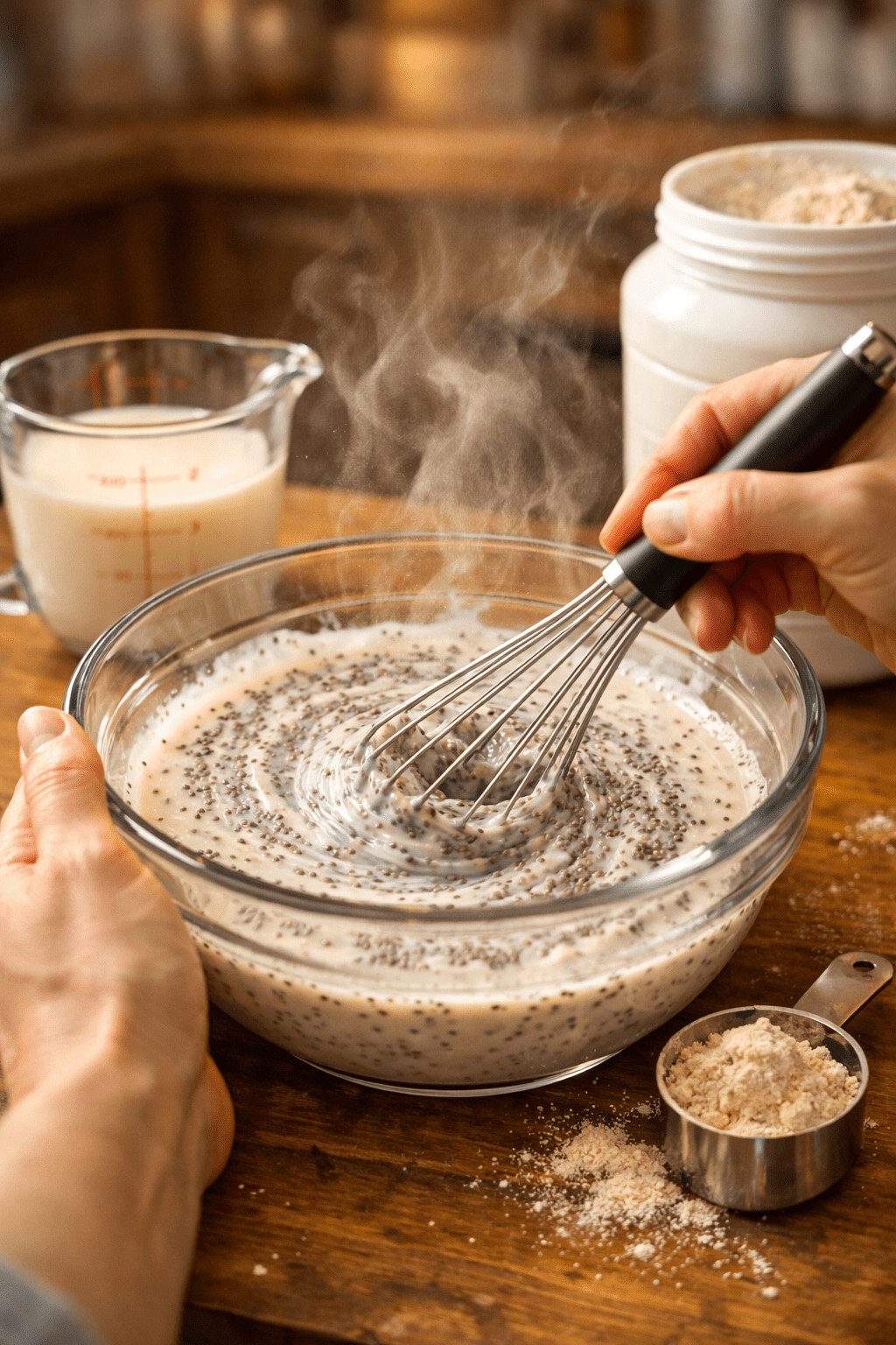 Portrait/Pinterest format () step-by-step preparation scene showing two hands whisking chia seeds into a glass bowl of