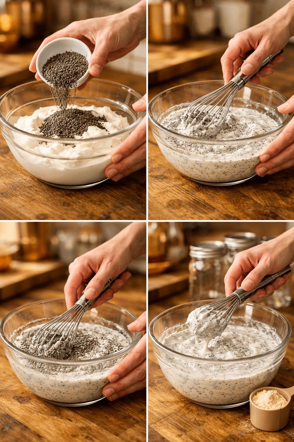 Portrait/Pinterest format () step-by-step process shot showing hands whisking chia seeds into a mixture of Greek yogurt and